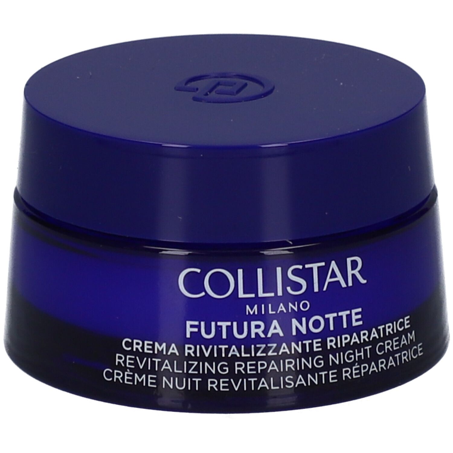 Dunkelblaue Creme-Dose. Aufschrift: COLLISTAR MILANO FUTURA NOTTE. Revitalisierende Nachtcreme.