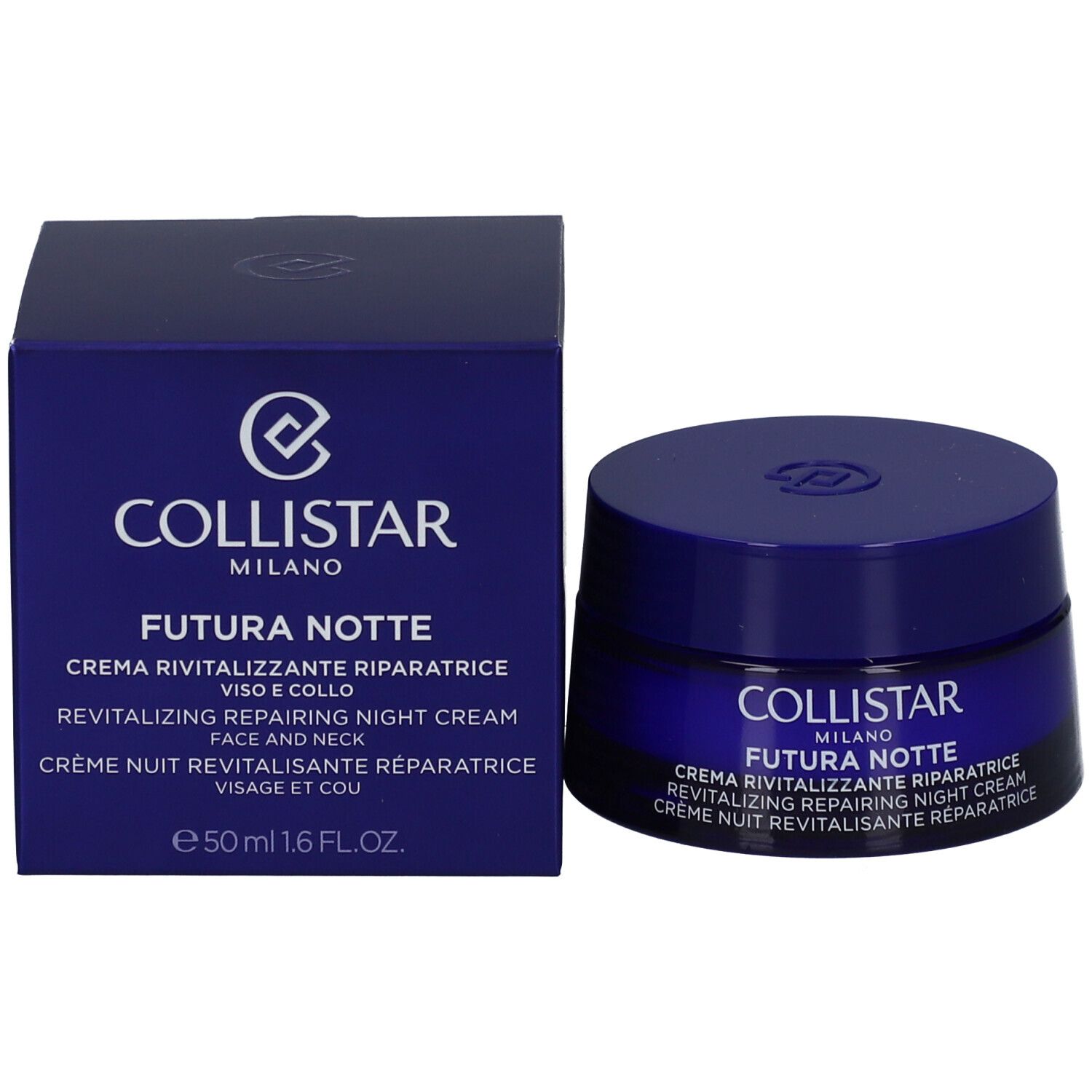 Dunkelblaue Schachtel und Creme-Dose. Aufschrift: COLLISTAR FUTURA NOTTE. 50 ml. Revitalisierende Nachtcreme.