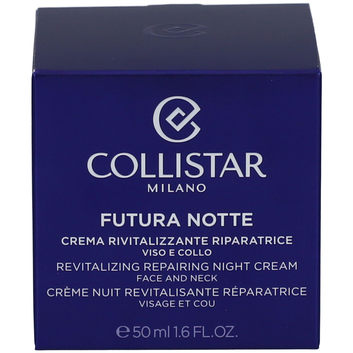Dunkelblaue Schachtel. Aufschrift: COLLISTAR MILANO FUTURA NOTTE. 50 ml. Revitalisierende Nachtcreme.