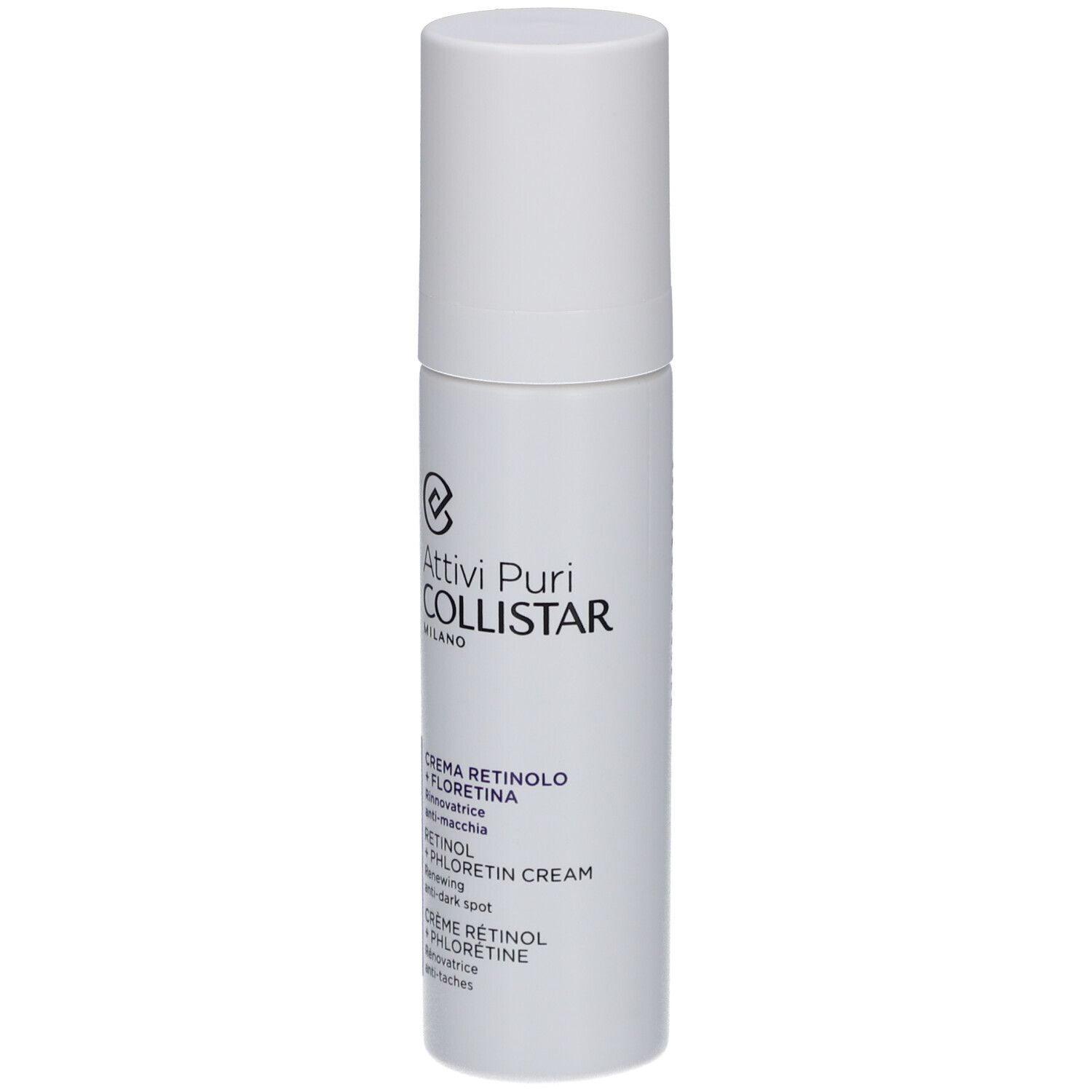 Weiße Flasche mit Creme. Text: Attivi Puri Collistar Milano, Creme Rétinol + Florétina, Retinol + Phlorétin Cream.