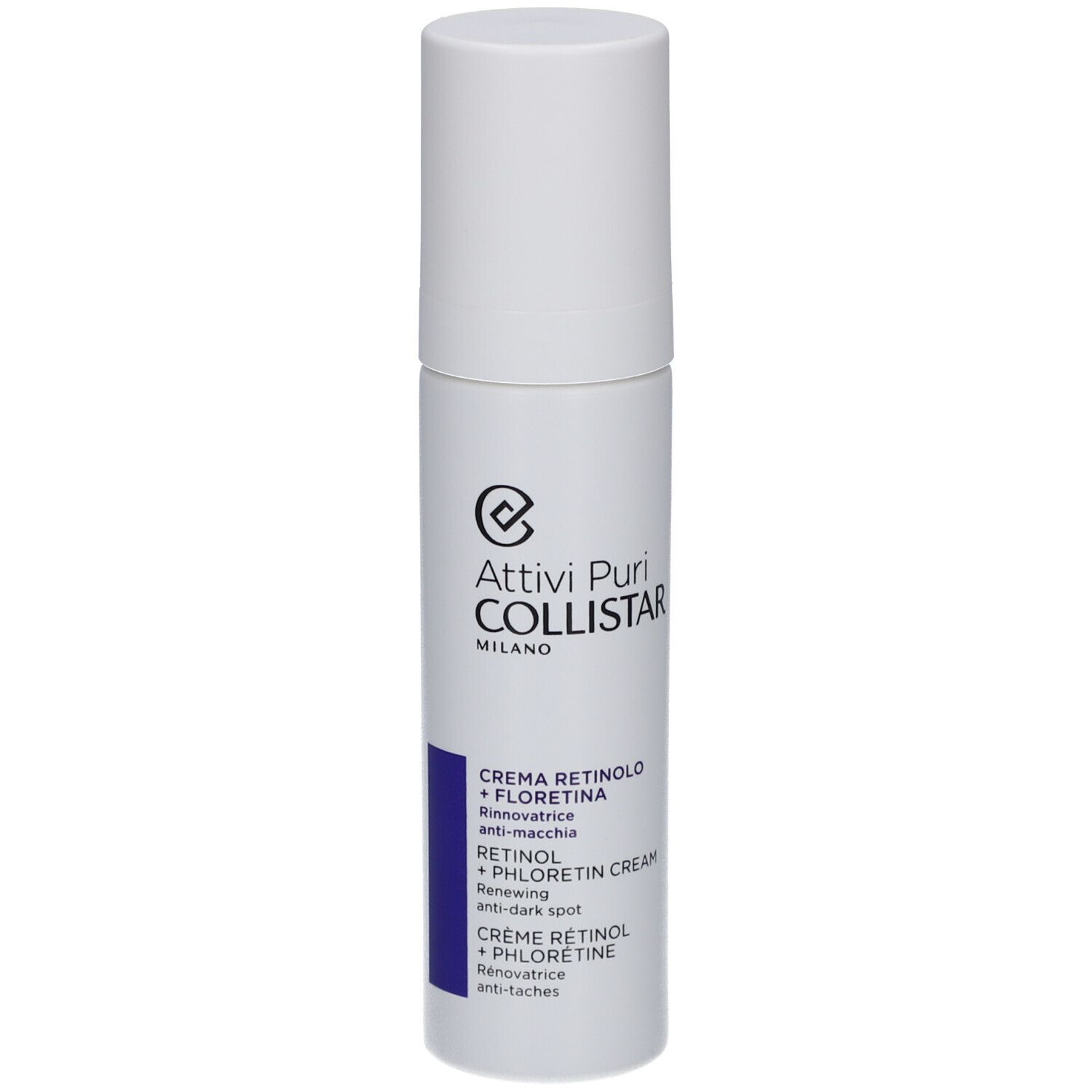 Weiße Flasche mit Creme. Text: Attivi Puri Collistar Milano, Creme Rétinol + Florétina, Retinol + Phlorétin Cream.