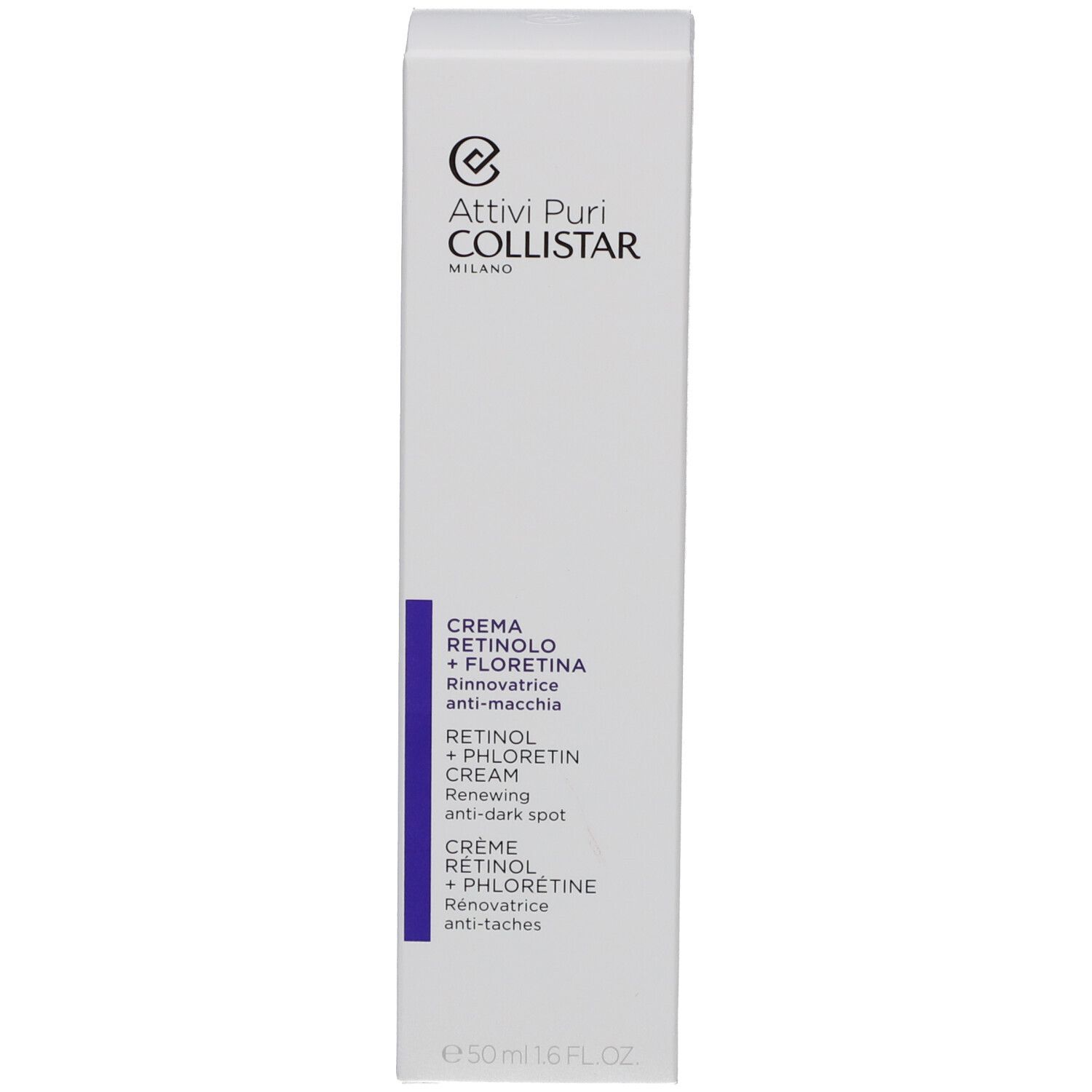 Produktverpackung mit Text: Attivi Puri Collistar Milano, Creme Rétinol + Florétina, Retinol + Phlorétin Cream. 50ml 1.6 FL.OZ.