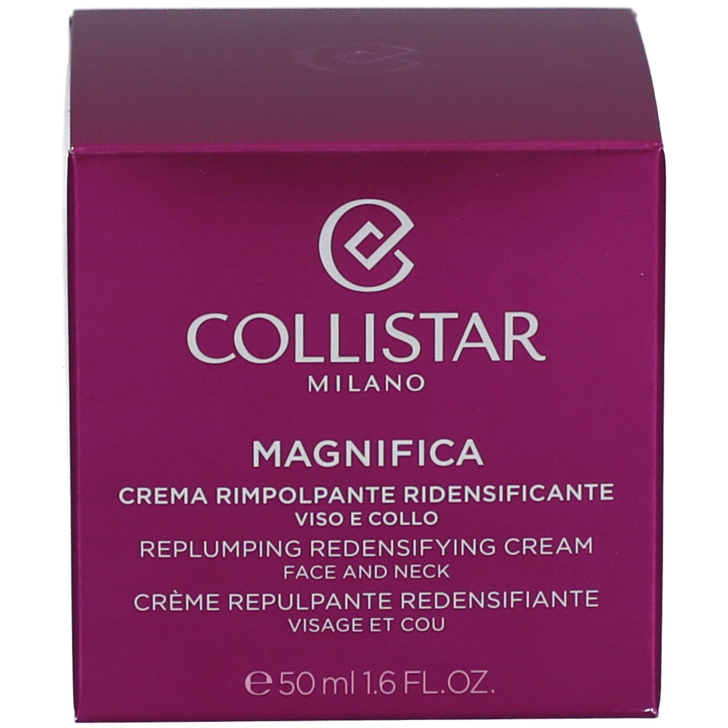 Schachtel, pinkfarben. Aufschrift: COLLISTAR MAGNIFICA. Creme für Gesicht und Hals. 50 ml.
