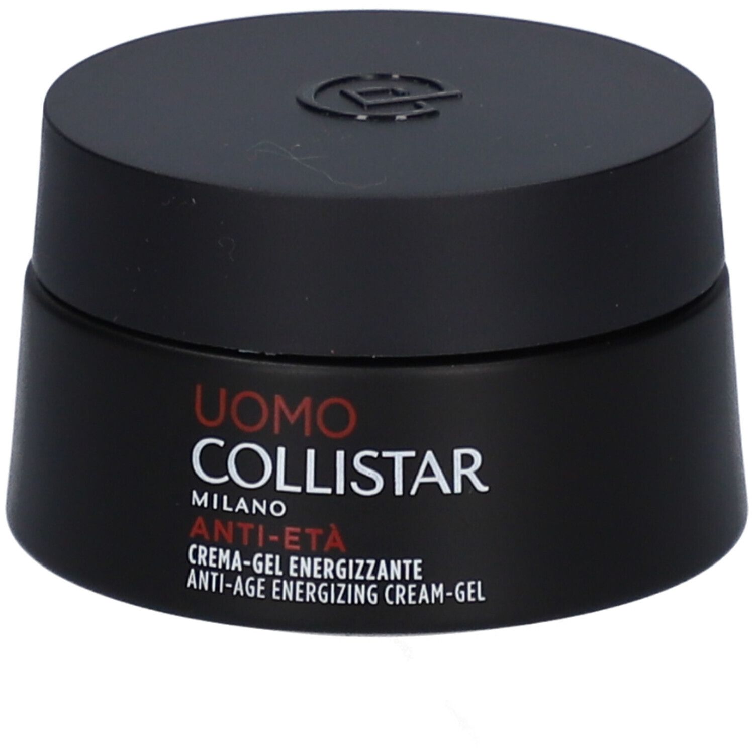 Schwarzer Tiegel mit Deckel. Aufschrift: Uomo Collistar Milano, Anti-Età, Crème-Gel Energizzante.
