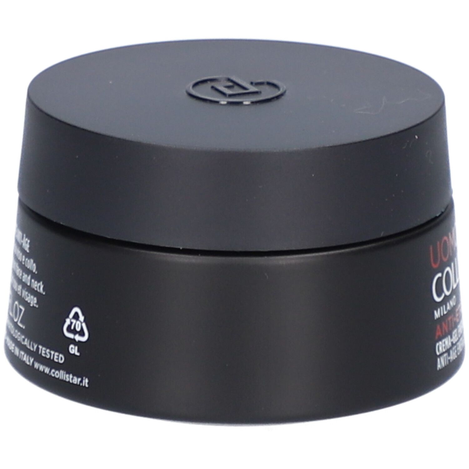 Schwarzer Tiegel mit Deckel. Aufschrift: Uomo Collistar Milano, Anti-Età, Crème-Gel Energizzante.