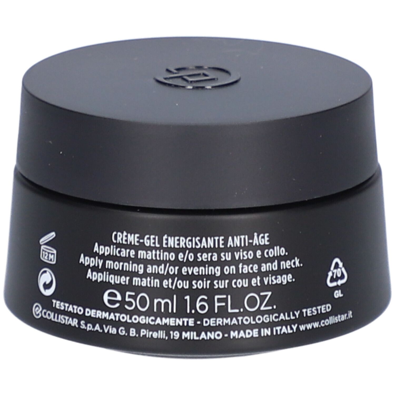 Schwarzer Tiegel mit Deckel. Aufschrift: Crème-Gel Energizzante Anti-Âge, 50 ml, 1.6 FL.OZ.