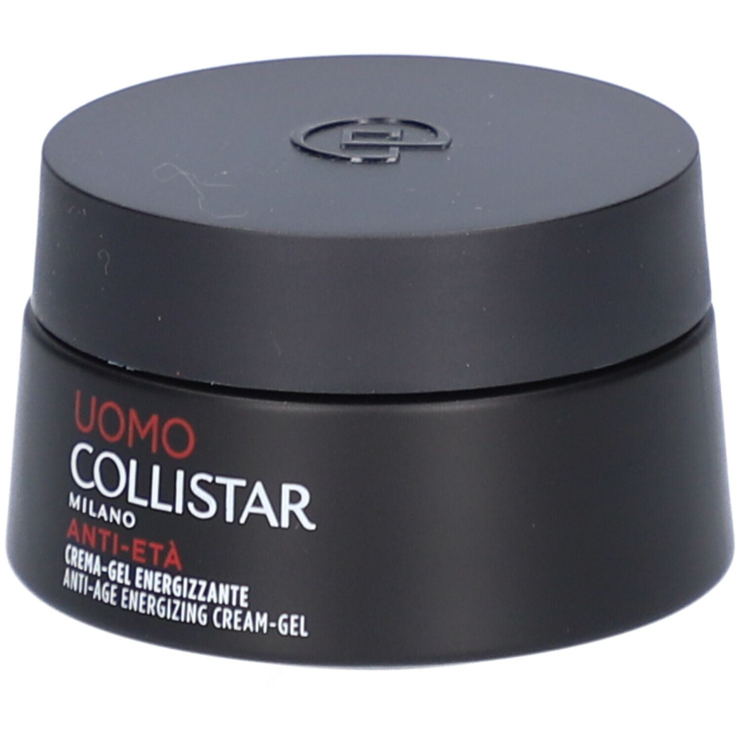 Schwarzer Tiegel mit Deckel. Aufschrift: Uomo Collistar Milano, Anti-Età, Crème-Gel Energizzante.
