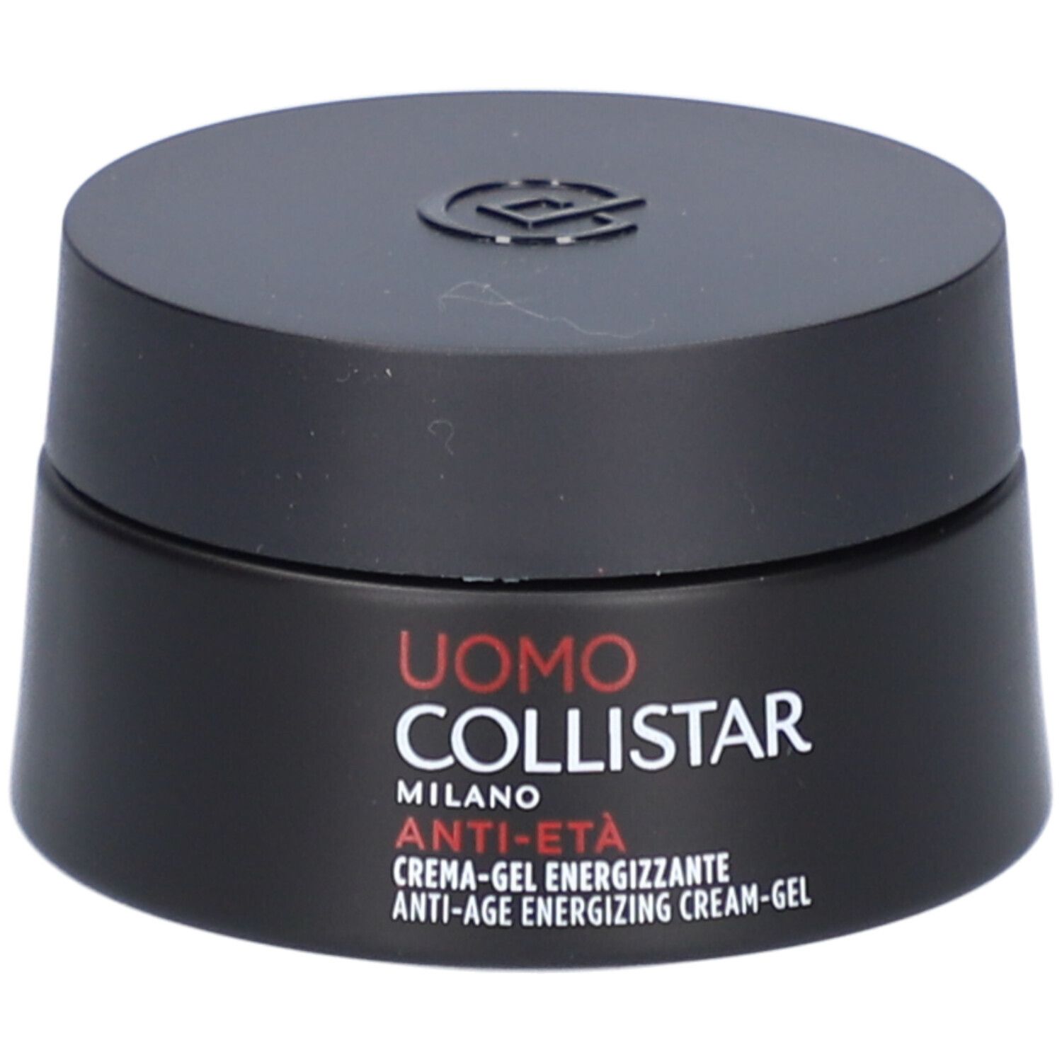 Schwarzer Tiegel mit Deckel. Aufschrift: Uomo Collistar Milano, Anti-Età, Crème-Gel Energizzante.