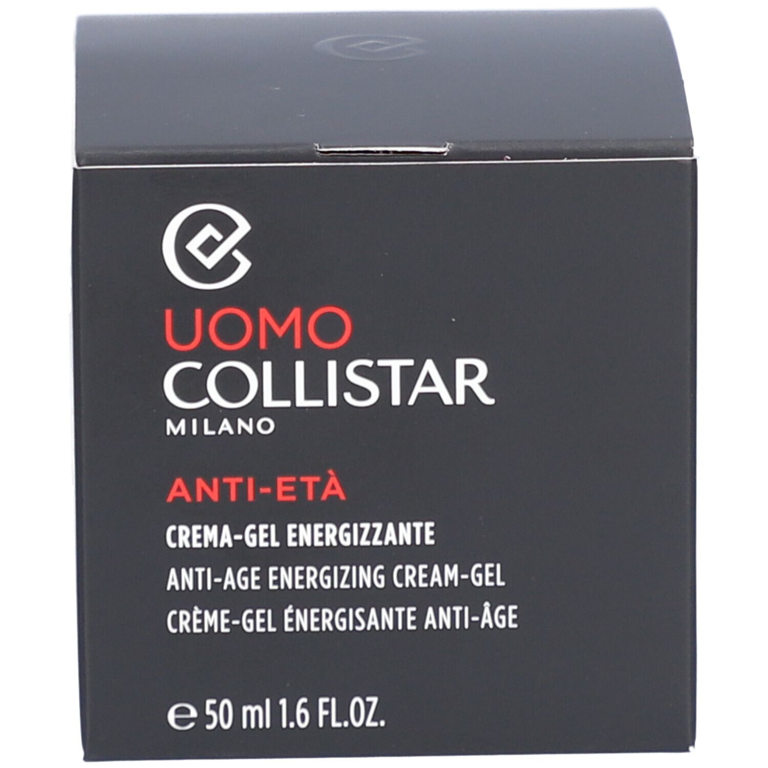 Schwarze Schachtel. Aufschrift: Uomo Collistar Milano, Anti-Età, Crème-Gel Energizzante, 50 ml.