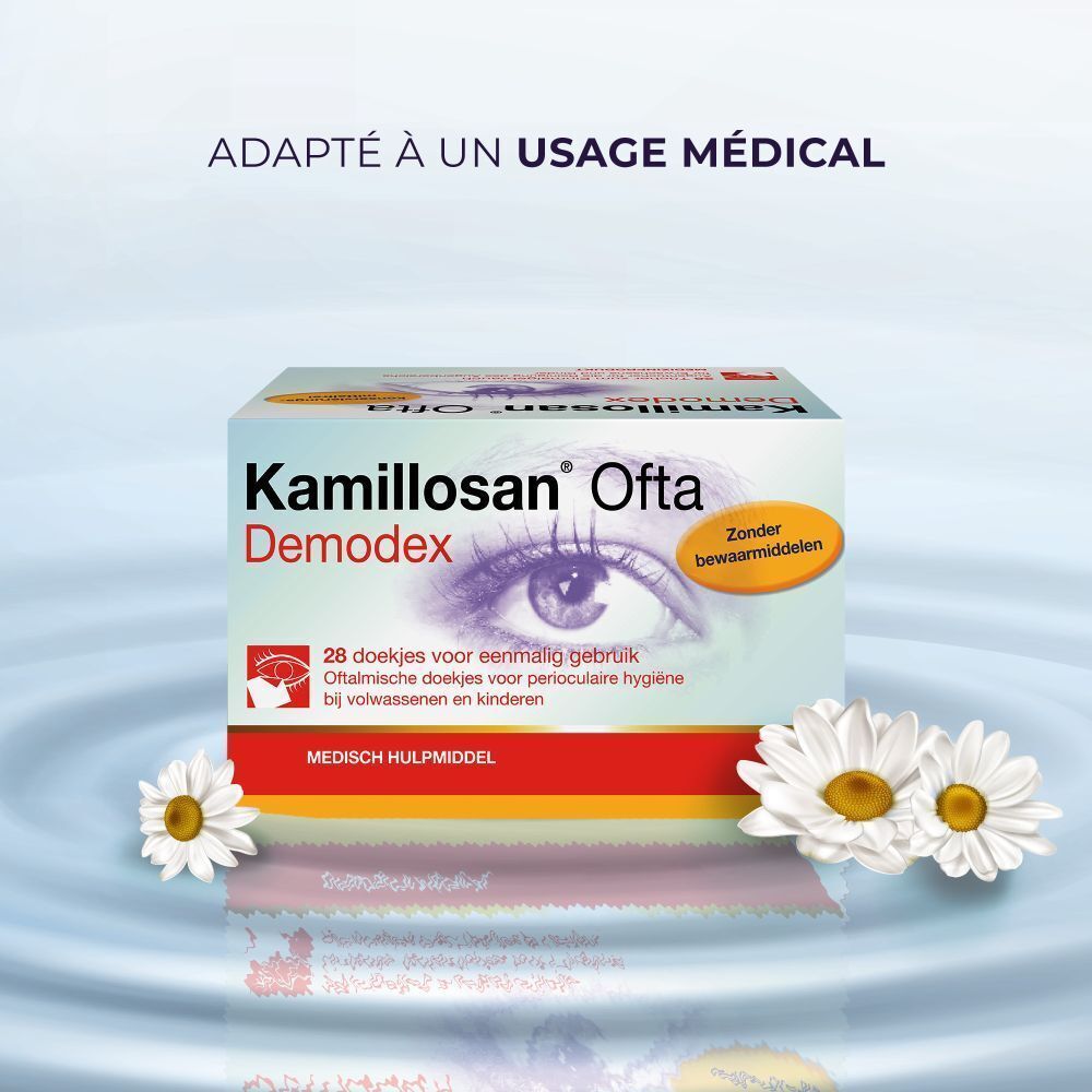 Boîte Kamillosan Ofta Demodex de 28 lingettes stériles pour l'hygiène des paupières.