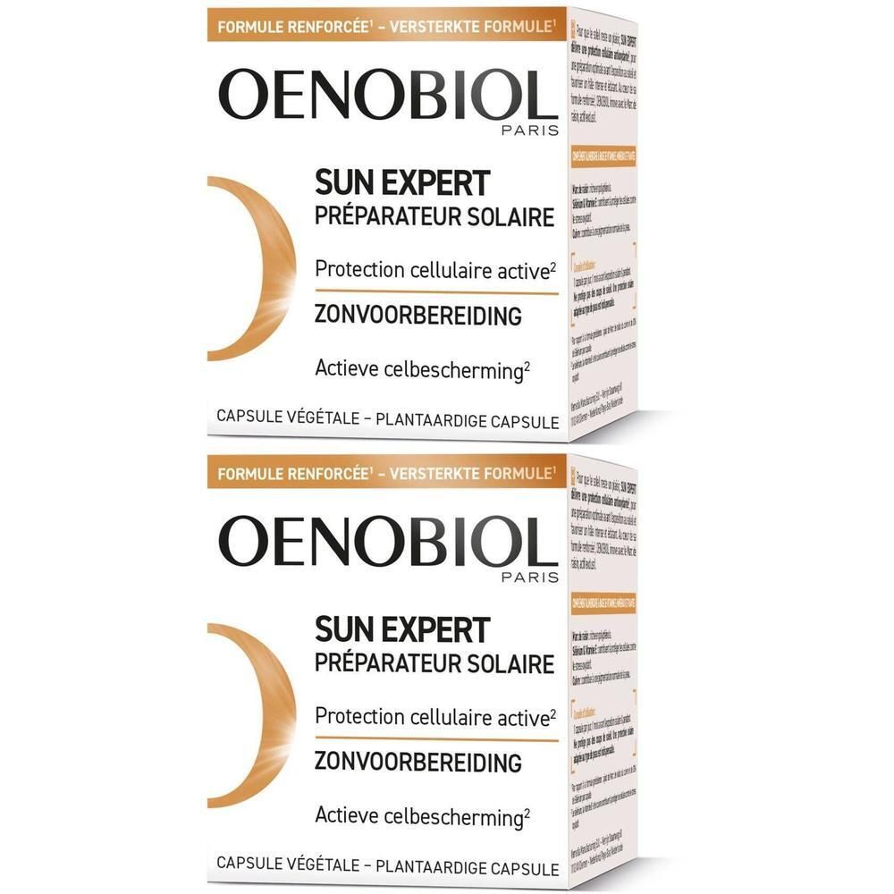 Deux boîtes Oenobiol Sun Expert. Impression : 1+1. Nom du produit, texte et logo.