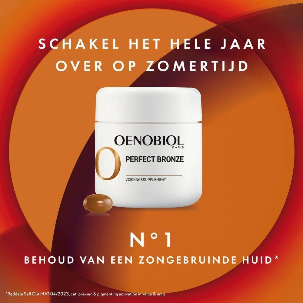 Witte pot Oenobiol Perfect Bronze met capsule. Tekst: Schakel het hele jaar over op zomertijd.