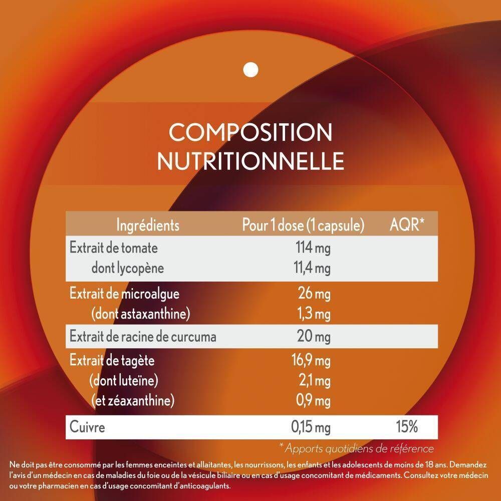 Tableau nutritionnel. Ingrédients : Extrait de tomate, extrait de microalgues, extrait de curcuma, etc.