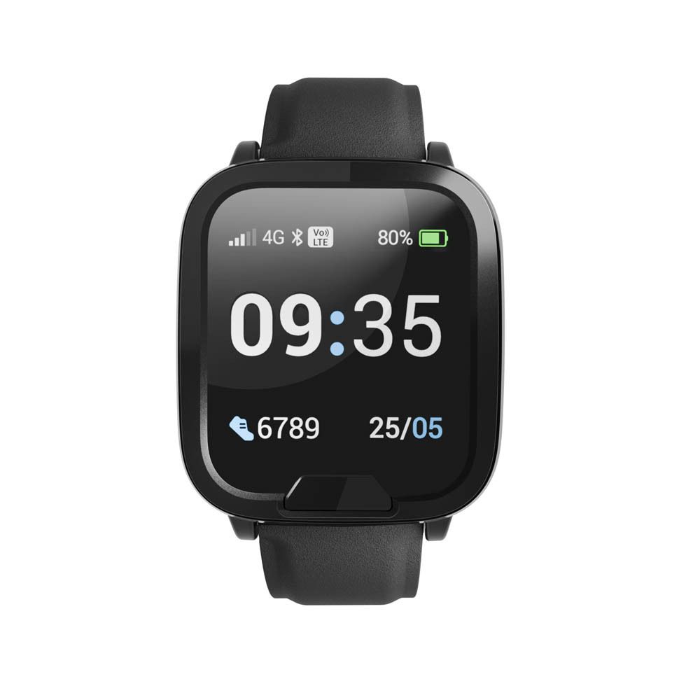 Montre connectée noire avec bracelet noir. Affichage de l'heure, de la date, de la batterie et de la force du signal.