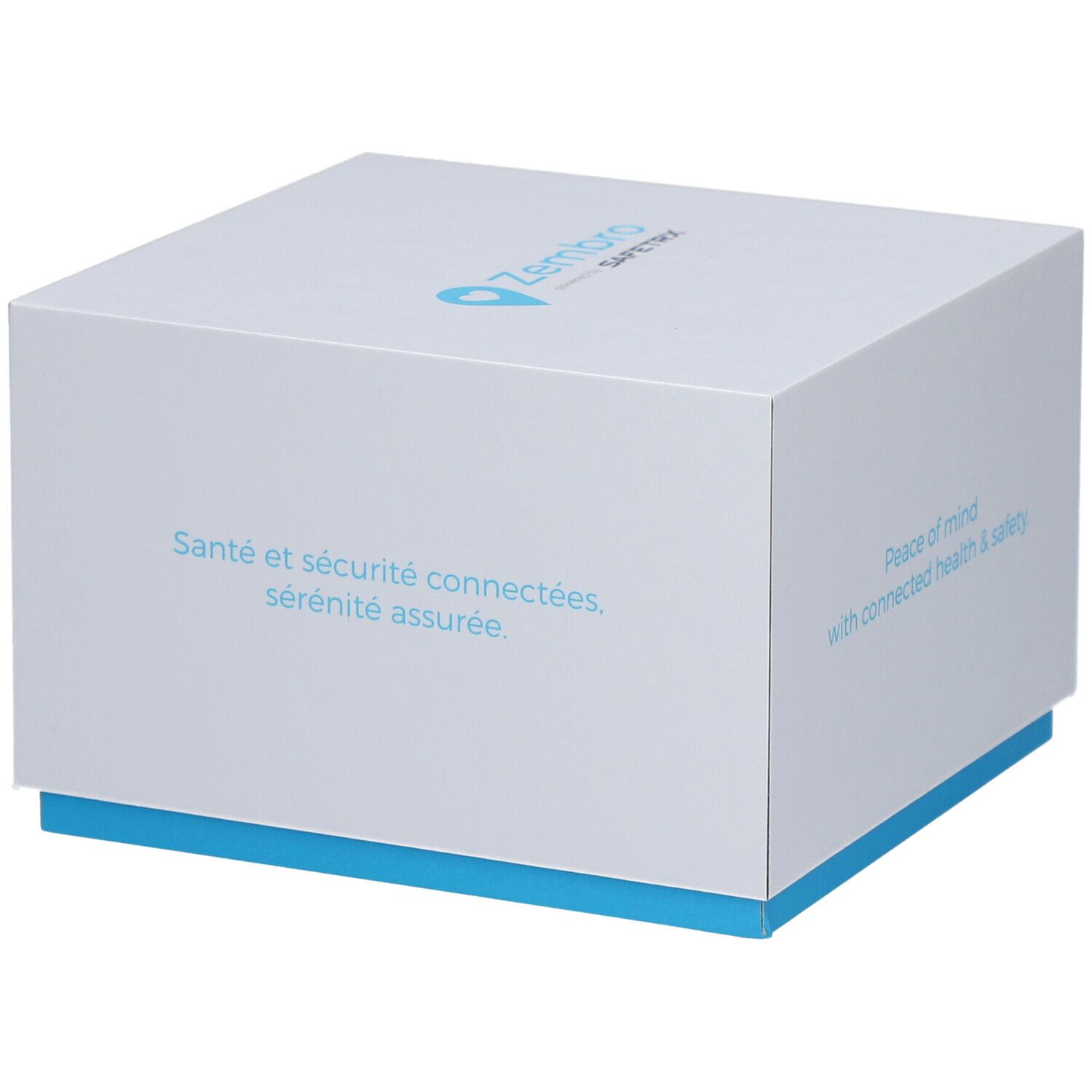 Boîte carrée blanche et bleue. Texte : Zembro Safe. Texte : Santé et sécurité connectées, sérénité assurée.