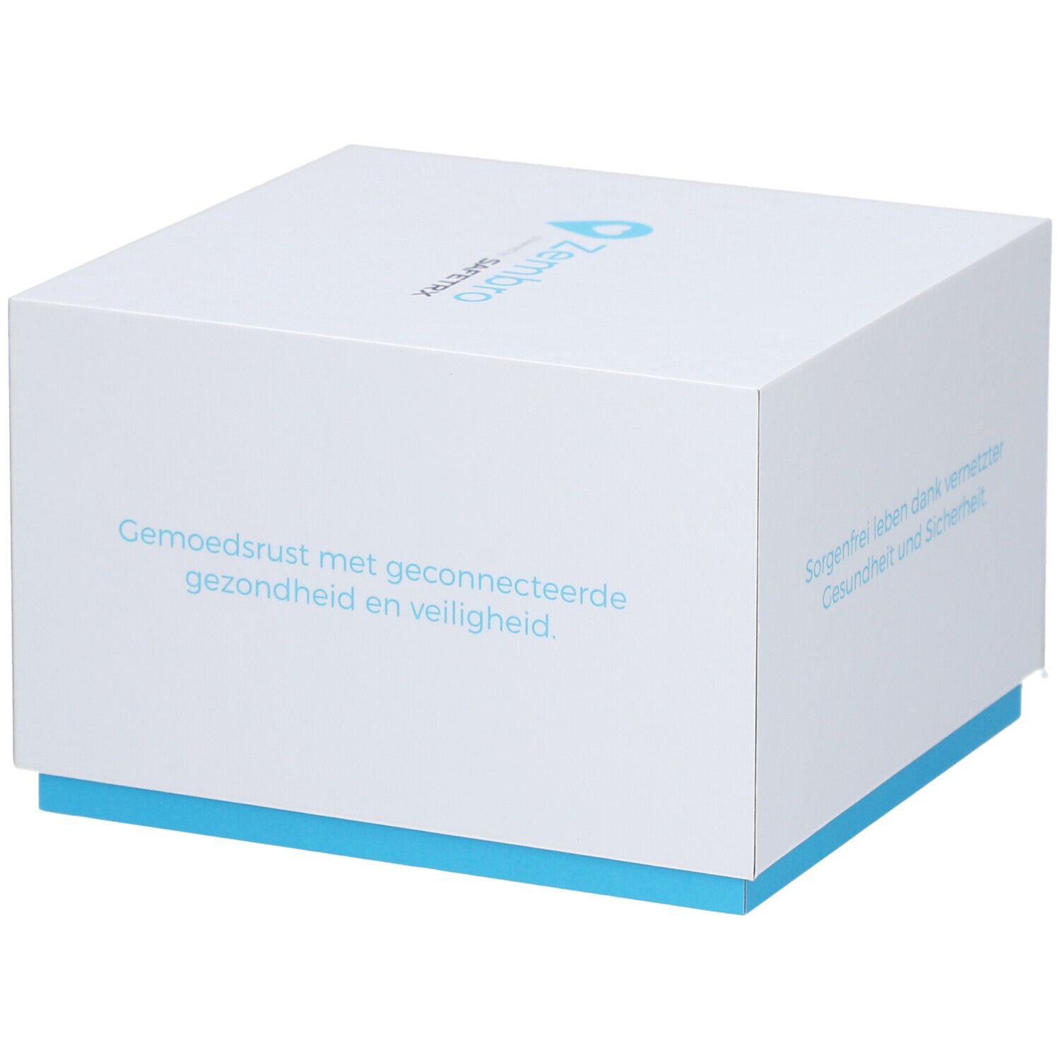 Boîte carrée blanche et bleue. Texte : Zembro Safe. Texte : Gemoedsrust met geconnecteerde gezondheid en veiligheid.