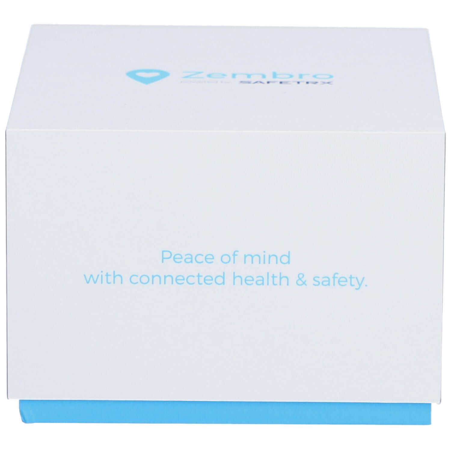 Boîte carrée blanche et bleue. Texte : Zembro Safe. Texte : Peace of mind with connected health & safety.