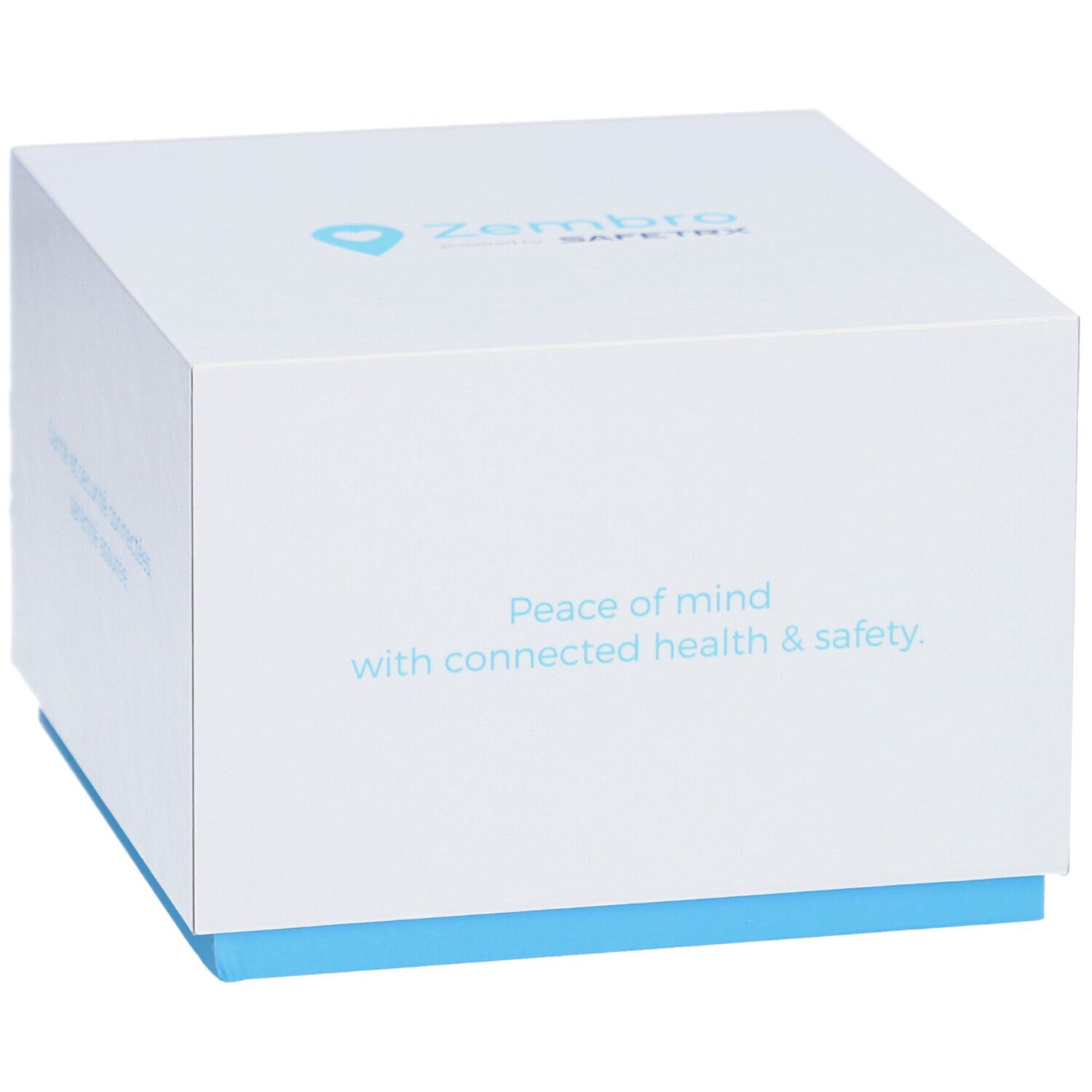 Boîte carrée blanche et bleue. Texte : Zembro Safe. Texte : Peace of mind with connected health & safety.