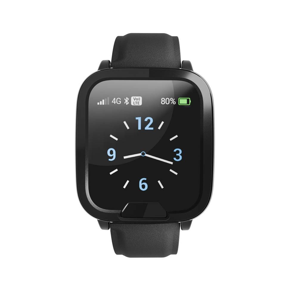 Montre connectée noire avec bracelet noir. Affichage de l'heure.
