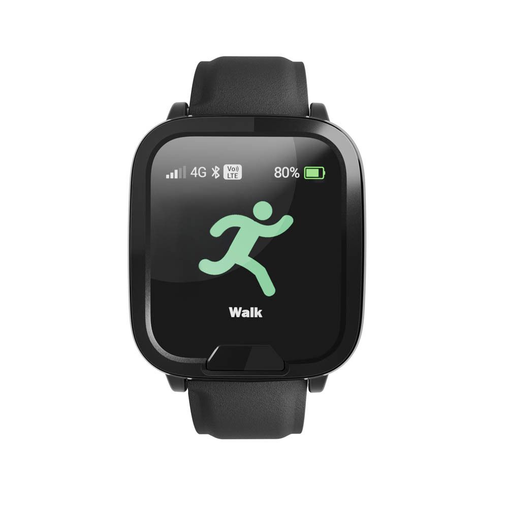 Montre connectée noire avec bracelet noir. Affichage d'un symbole de marche.