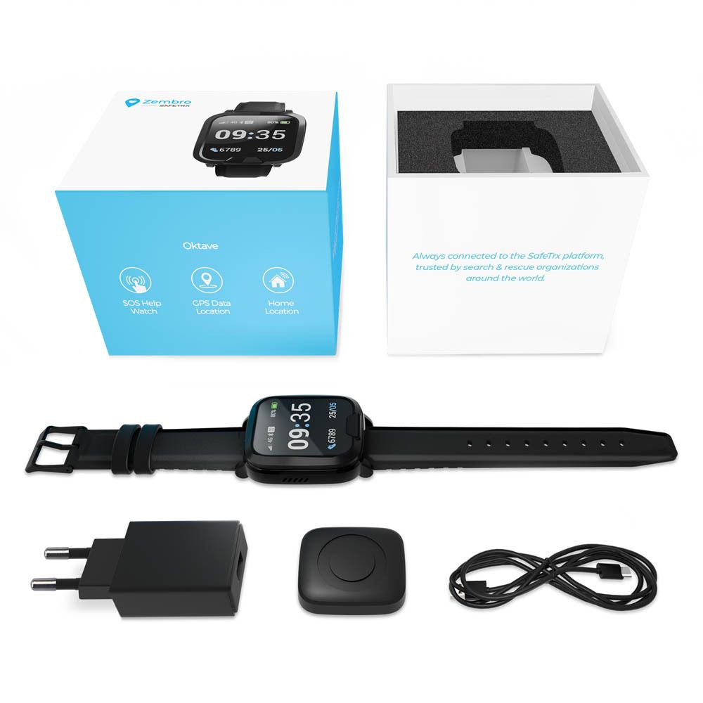 Montre connectée noire avec accessoires. Emballage avec nom du produit et texte.