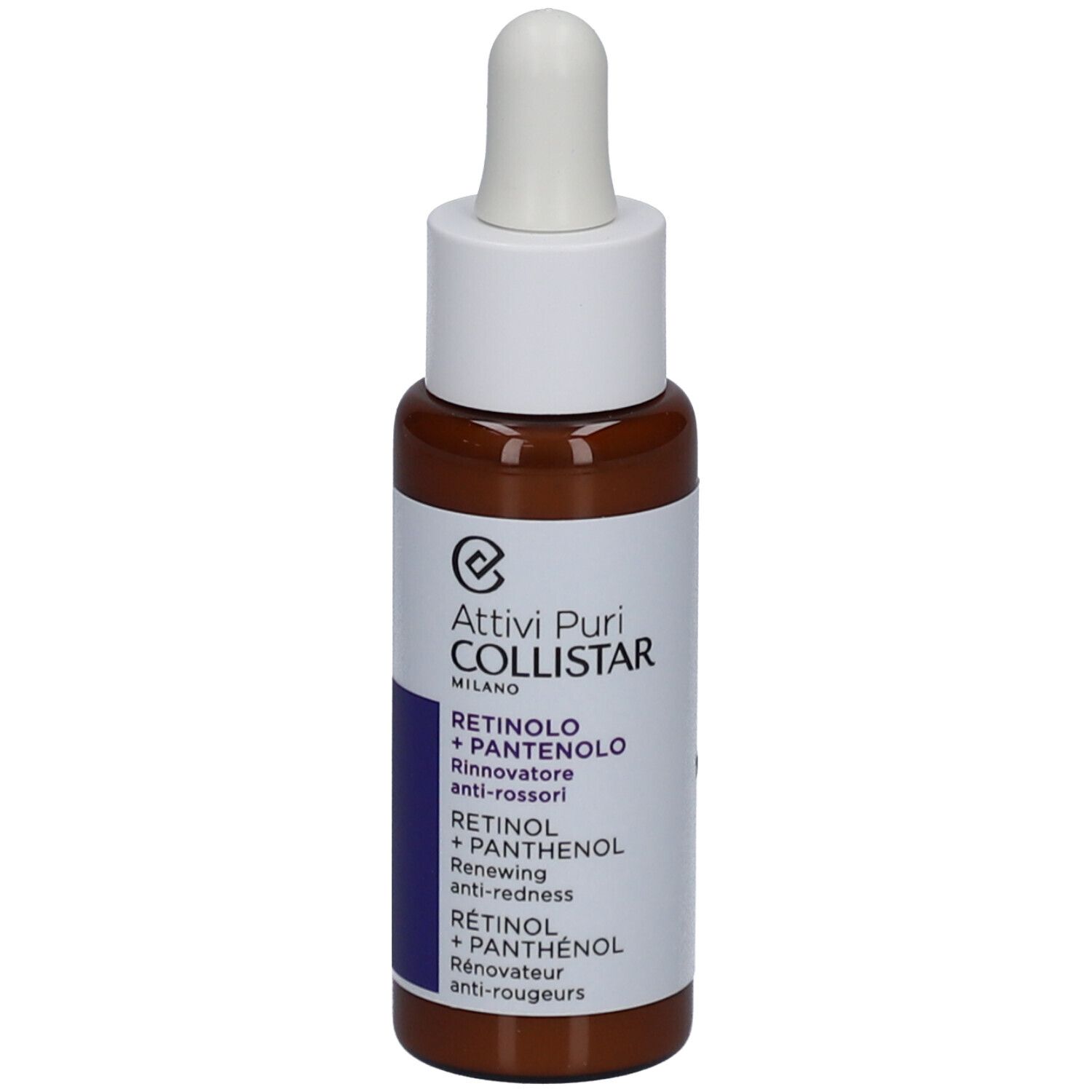 Braune Glasflasche mit weißem Deckel und Pipette. Aufschrift: Collistar, Retinol + Panthenol.