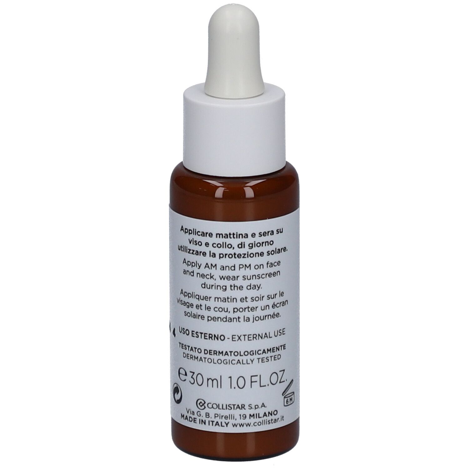 Braune Glasflasche mit weißem Deckel und Pipette. Aufschrift: Collistar, Retinol + Panthenol. Rückseite mit Text.