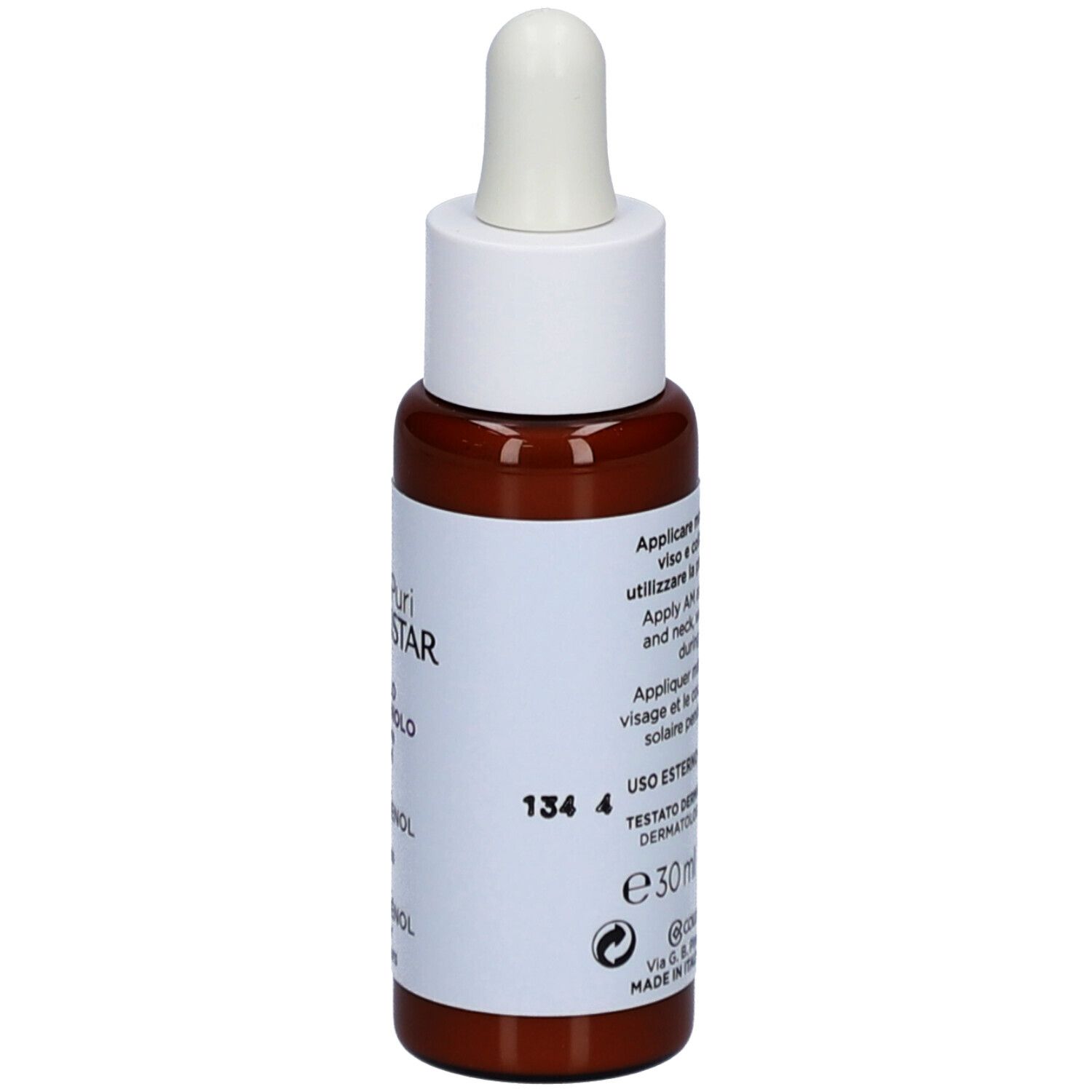 Braune Glasflasche mit weißem Deckel und Pipette. Aufschrift: Collistar, Retinol + Panthenol. Rückseite mit Text.