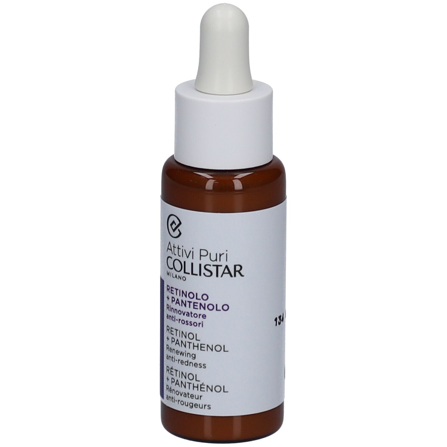Braune Glasflasche mit weißem Deckel und Pipette. Aufschrift: Collistar, Retinol + Panthenol.