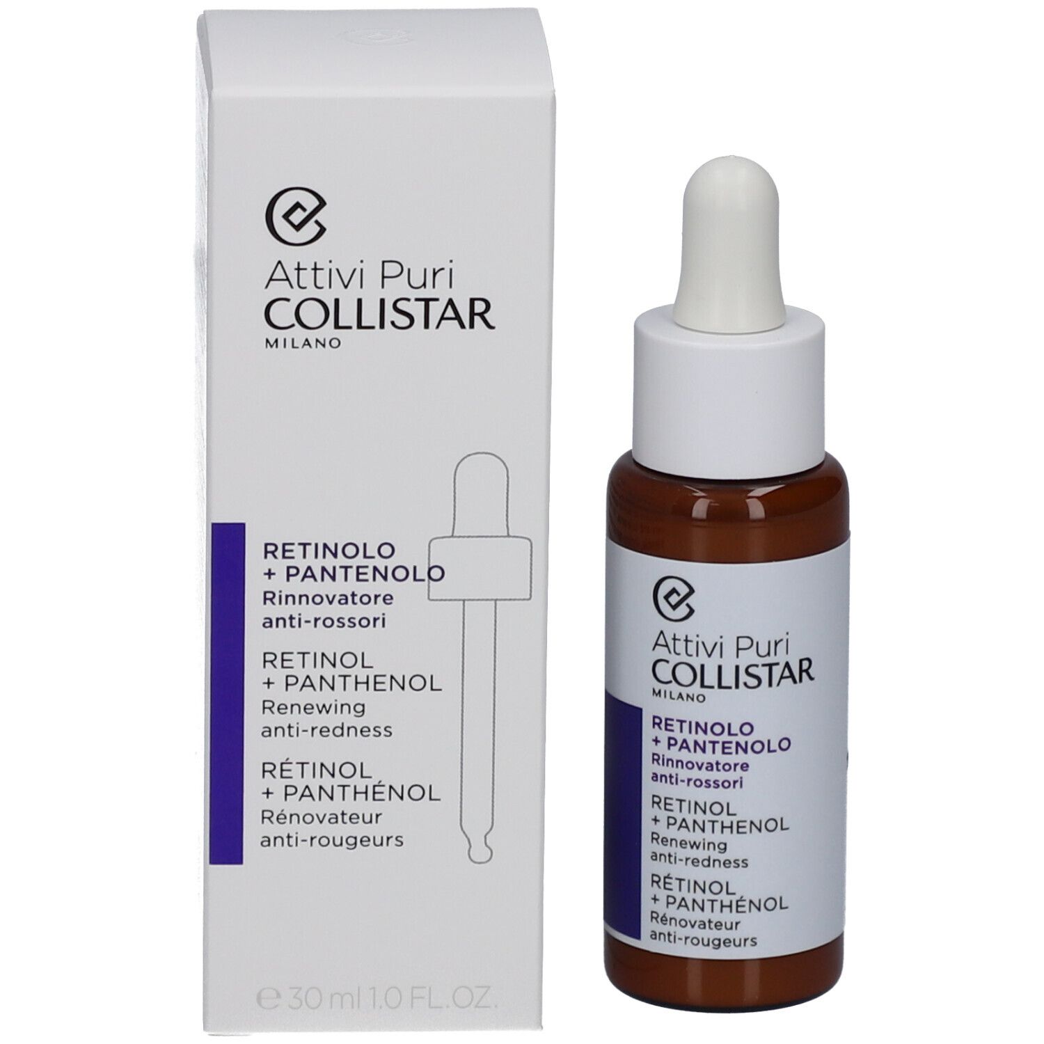 Braune Glasflasche mit weißem Deckel und Pipette, neben weißer Verpackung. Aufschrift: Collistar, Retinol + Panthenol.