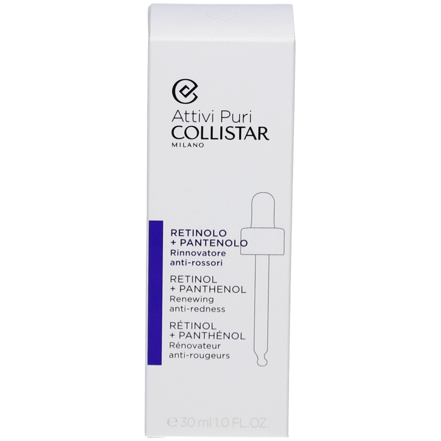 Weiße Verpackung mit Aufschrift: Collistar, Retinol + Panthenol. Abbildung einer Pipette.