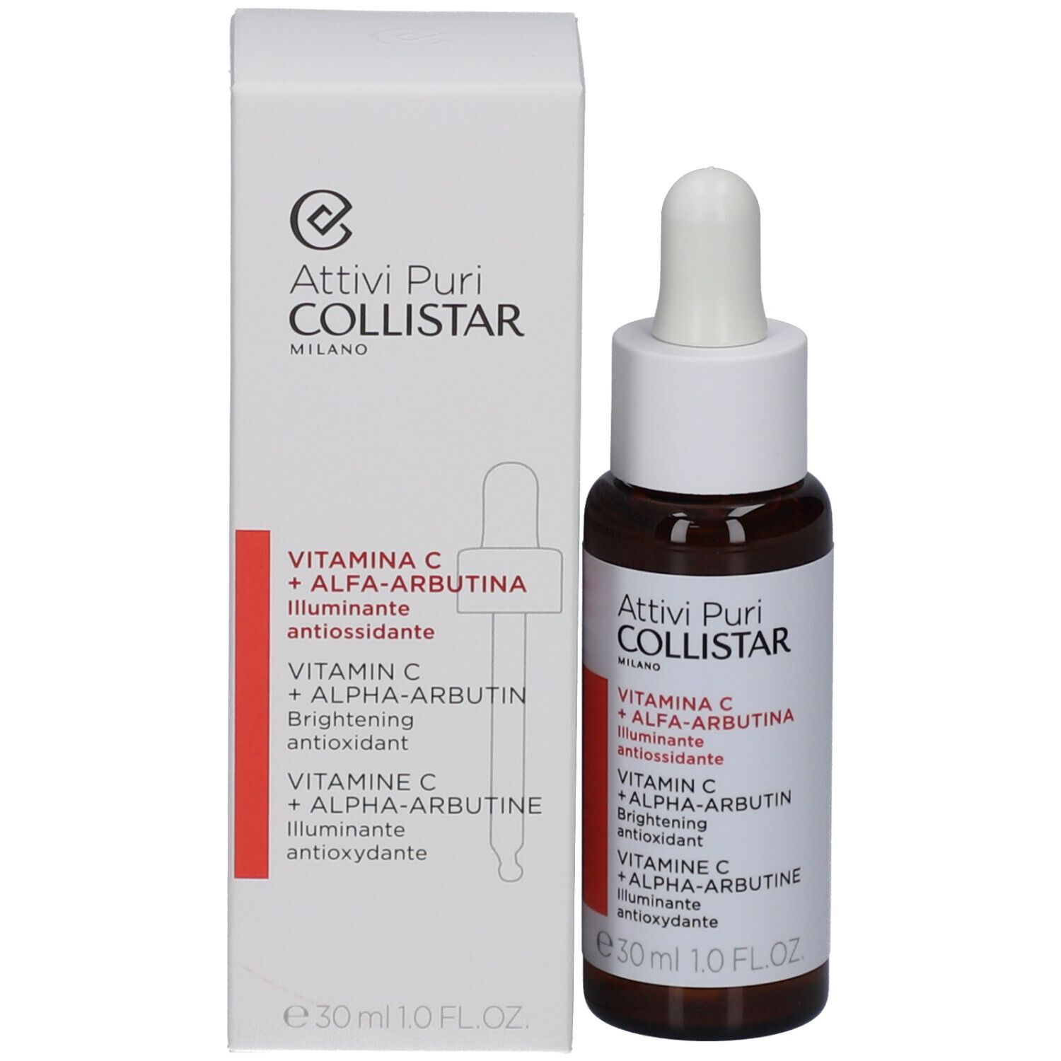 Produktflasche und Verpackung. Weißer Karton mit Produktabbildung und Text. Collistar.