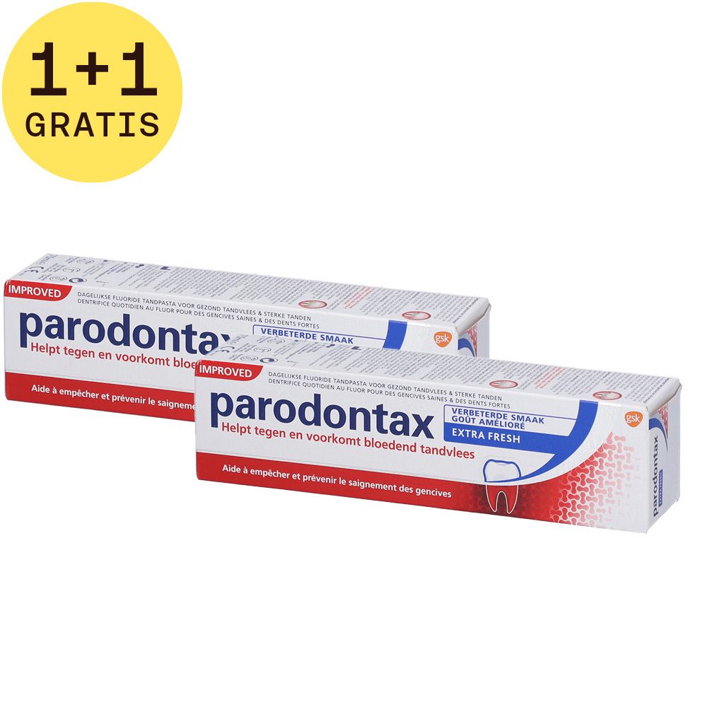 Twee tubes Parodontax Extra Fresh tandpasta, 1+1 gratis. Witte tubes met rode en blauwe belettering.