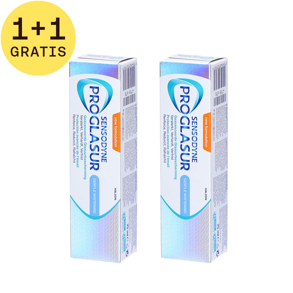 Twee verpakkingen Sensodyne Proglasur Gentle Whitening. Opschrift "1+1 GRATIS".