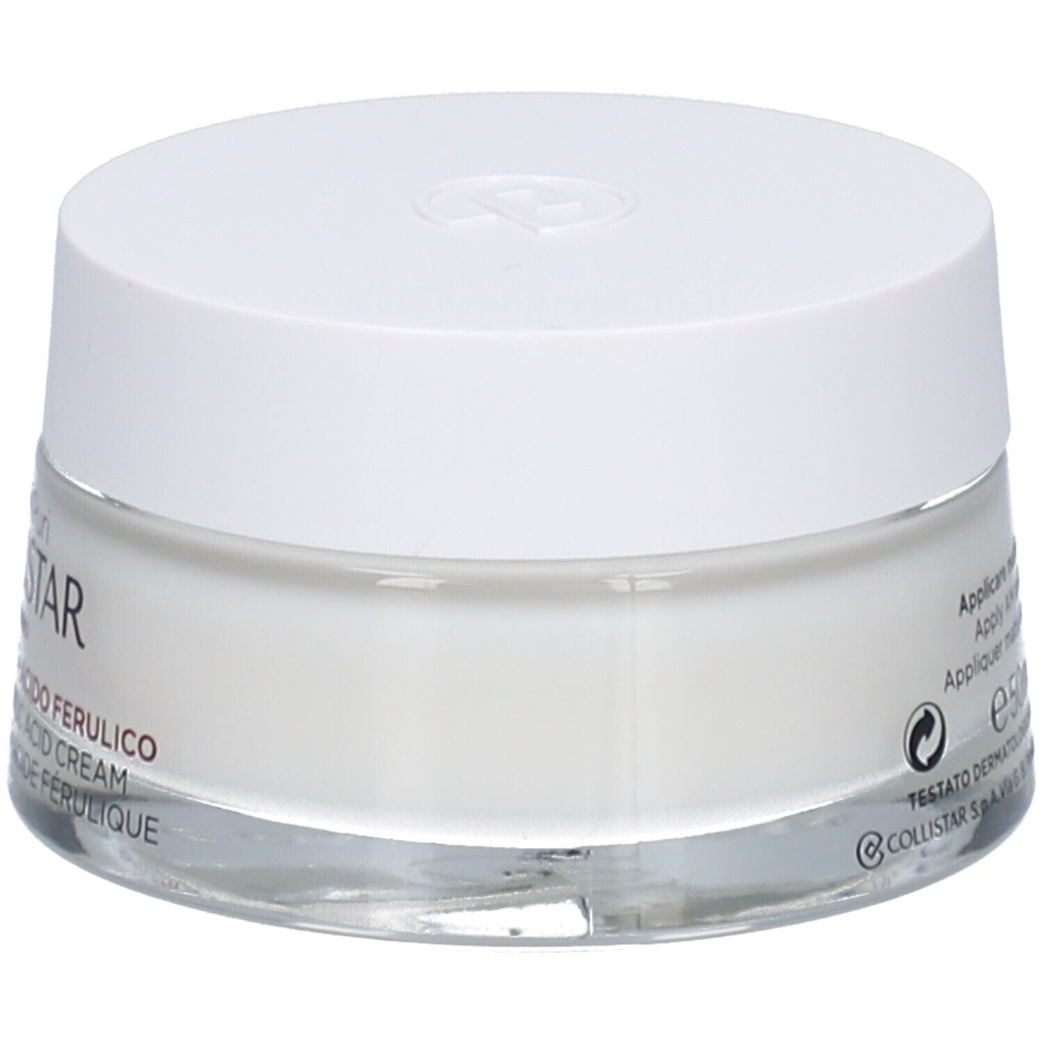 Creme-Tiegel mit weißem Deckel. Aufschrift: COLLISTAR, Vitamin C + Ferulasäure Creme. Glasbehälter. Detailansicht.