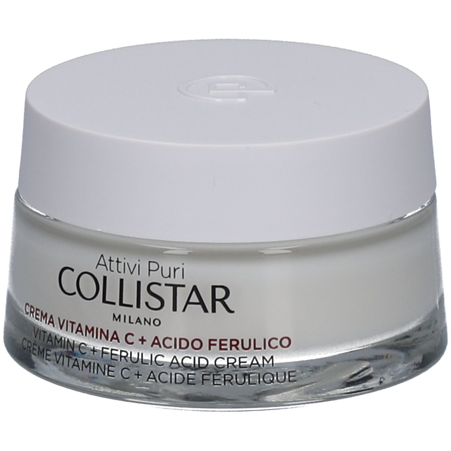 Creme-Tiegel mit weißem Deckel. Aufschrift: COLLISTAR, Vitamin C + Ferulasäure Creme. Glasbehälter. Nahaufnahme.