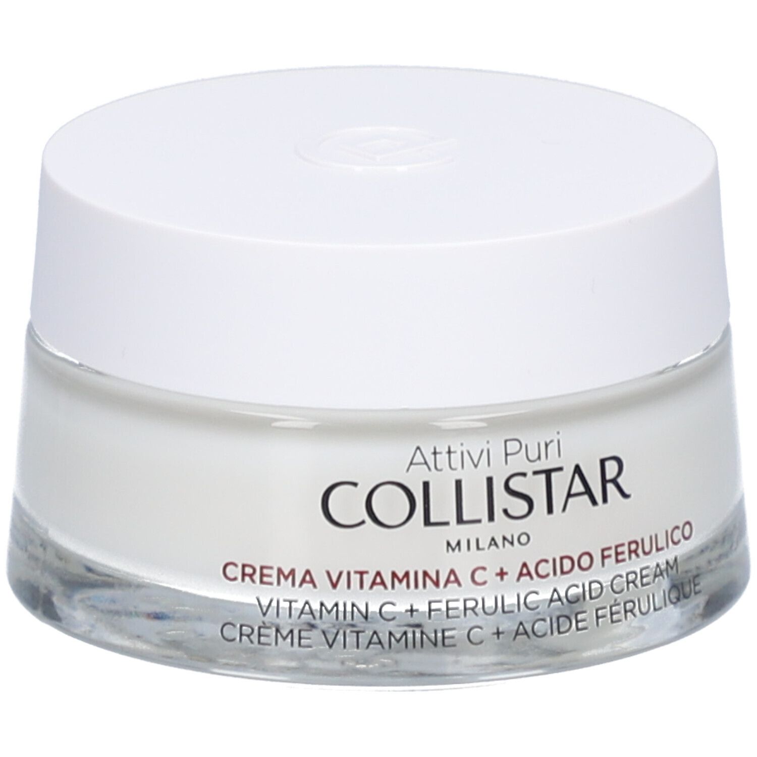 Creme-Tiegel mit weißem Deckel. Aufschrift: COLLISTAR, Vitamin C + Ferulasäure Creme. Glasbehälter. Nahaufnahme.