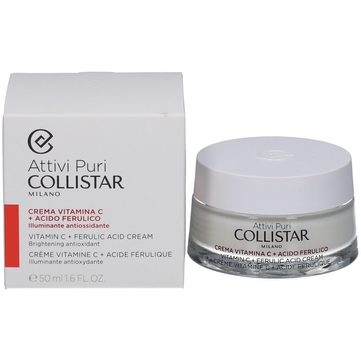 Creme-Tiegel und Schachtel. Aufschrift: COLLISTAR, Vitamin C + Ferulasäure Creme. Weiße Verpackung.