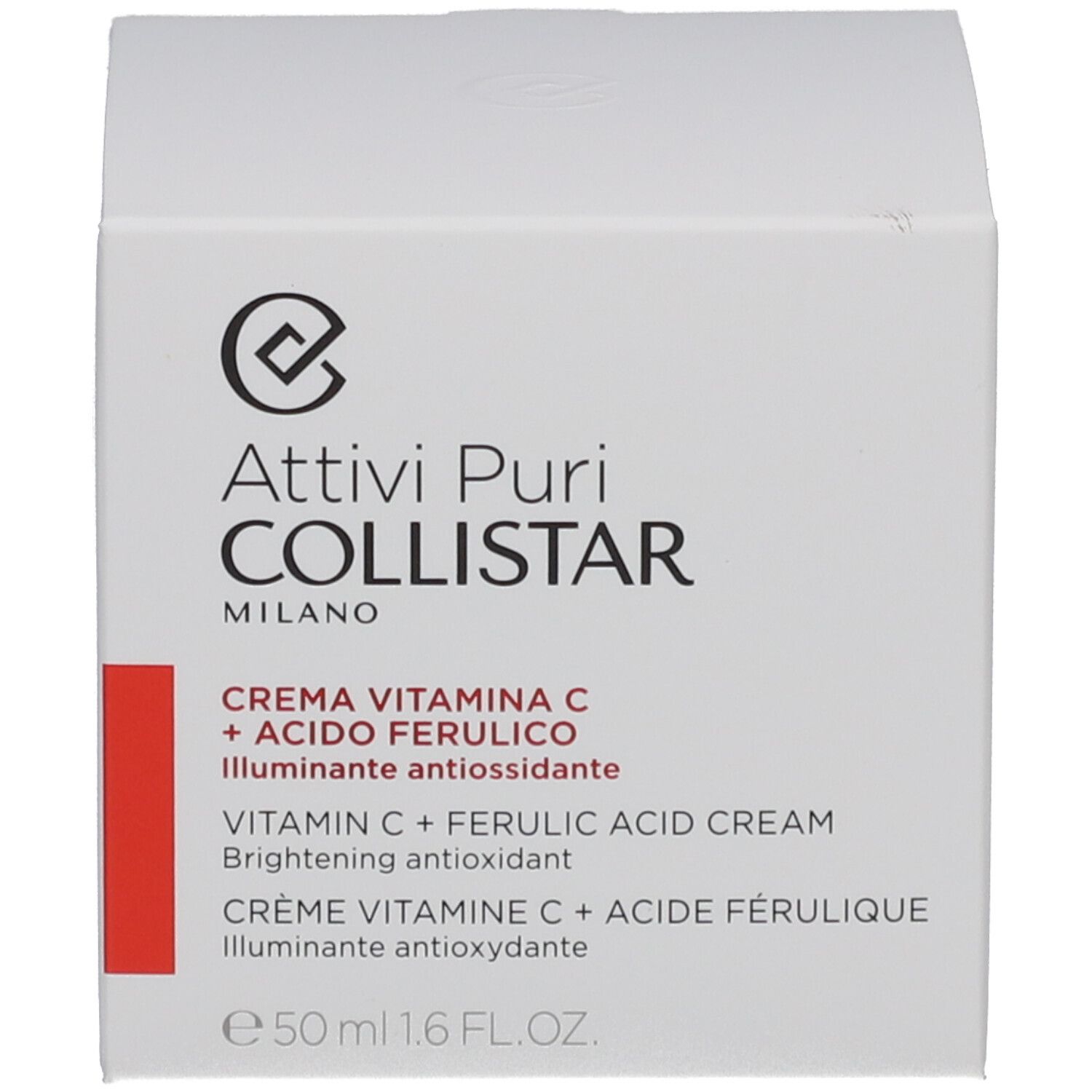 Weiße Schachtel. Aufschrift: COLLISTAR, Vitamin C + Ferulasäure Creme. Text und Logo.