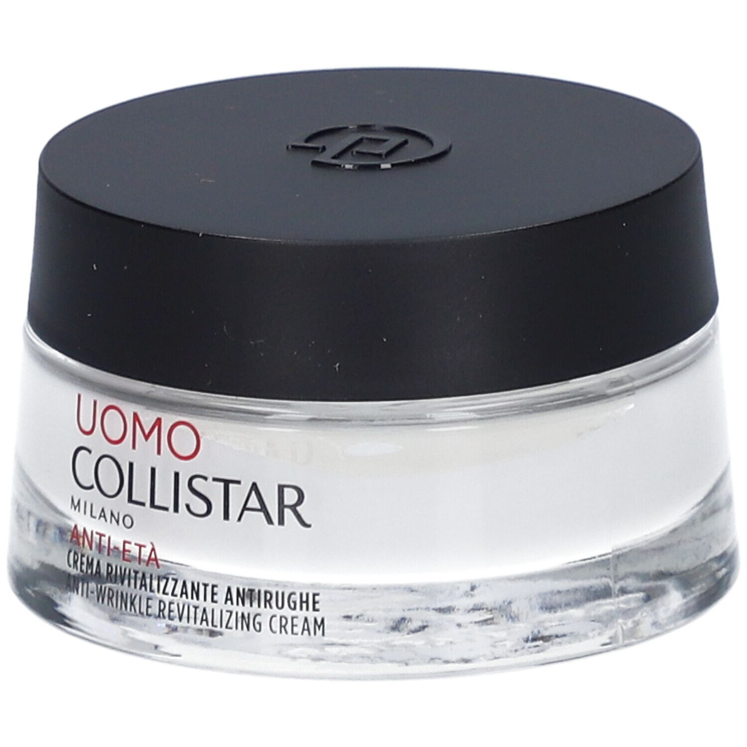 Creme-Tiegel mit schwarzem Deckel. Auf dem Etikett steht: Uomo Collistar, Anti-Eta, Creme Revitalisante Antirughe.