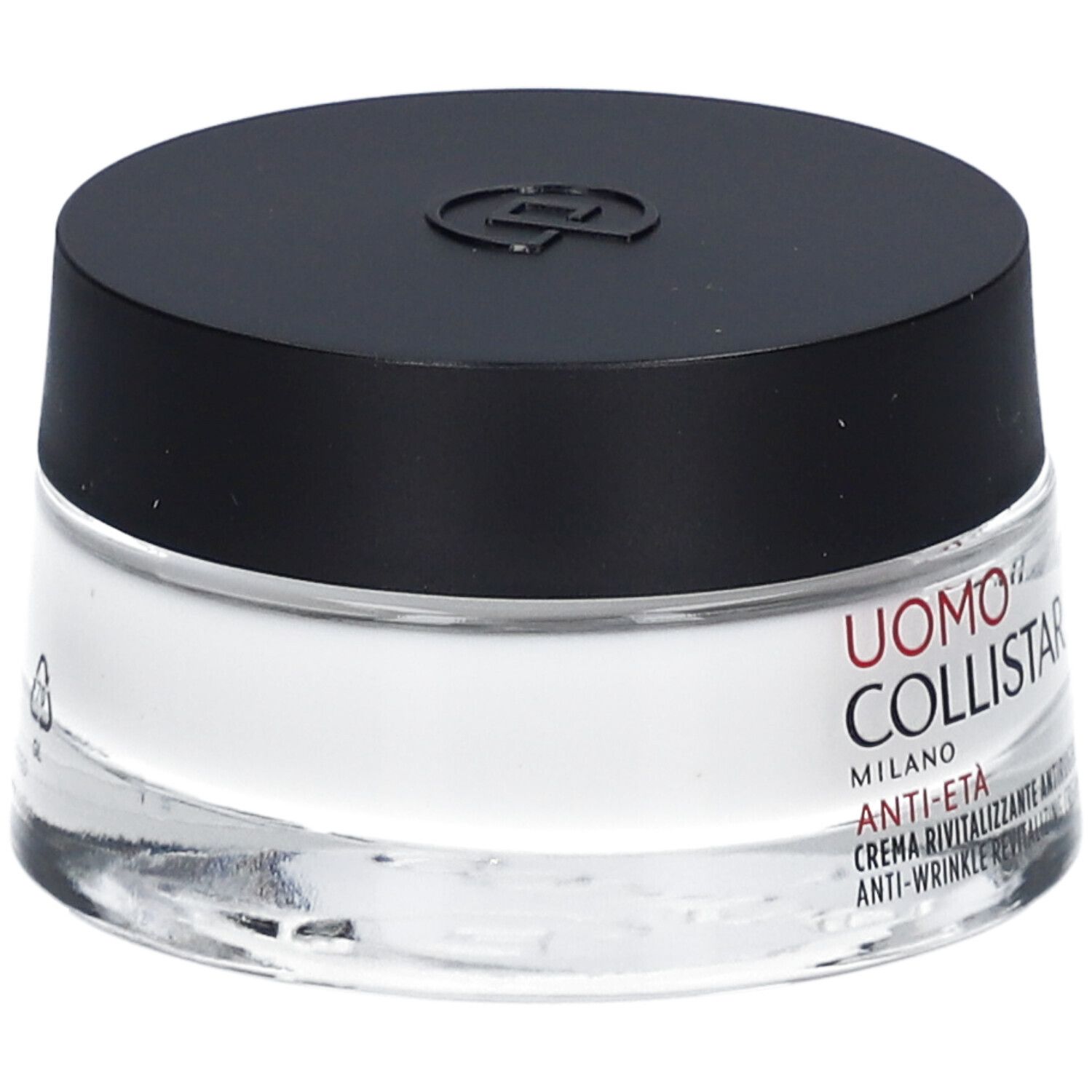 Creme-Tiegel mit schwarzem Deckel. Auf dem Etikett steht: Uomo Collistar, Anti-Eta, Creme Revitalisante Antirughe.