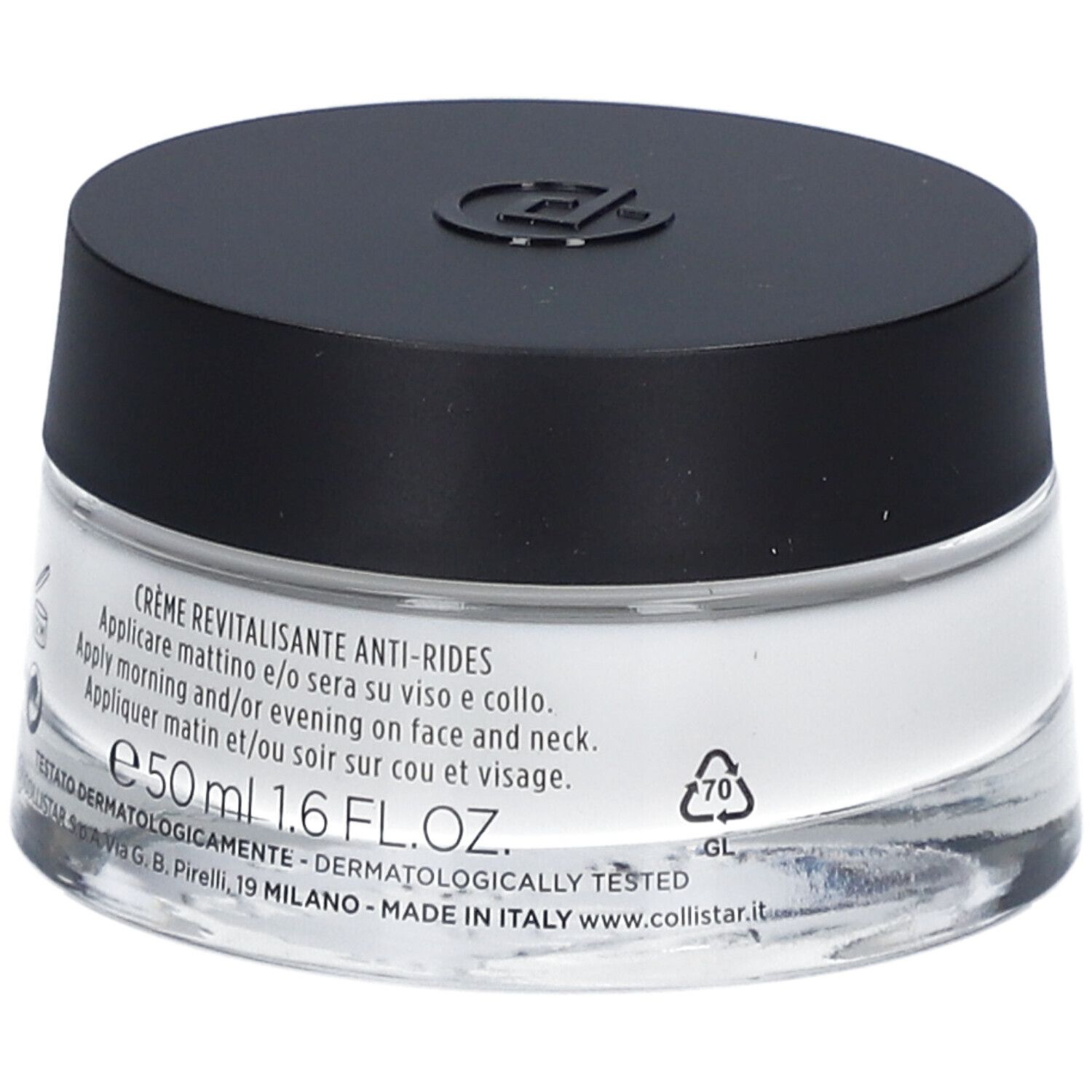 Creme-Tiegel mit schwarzem Deckel. Auf dem Etikett steht: Creme Revitalisante Anti-Rides, 50 ml, dermatologisch getestet.