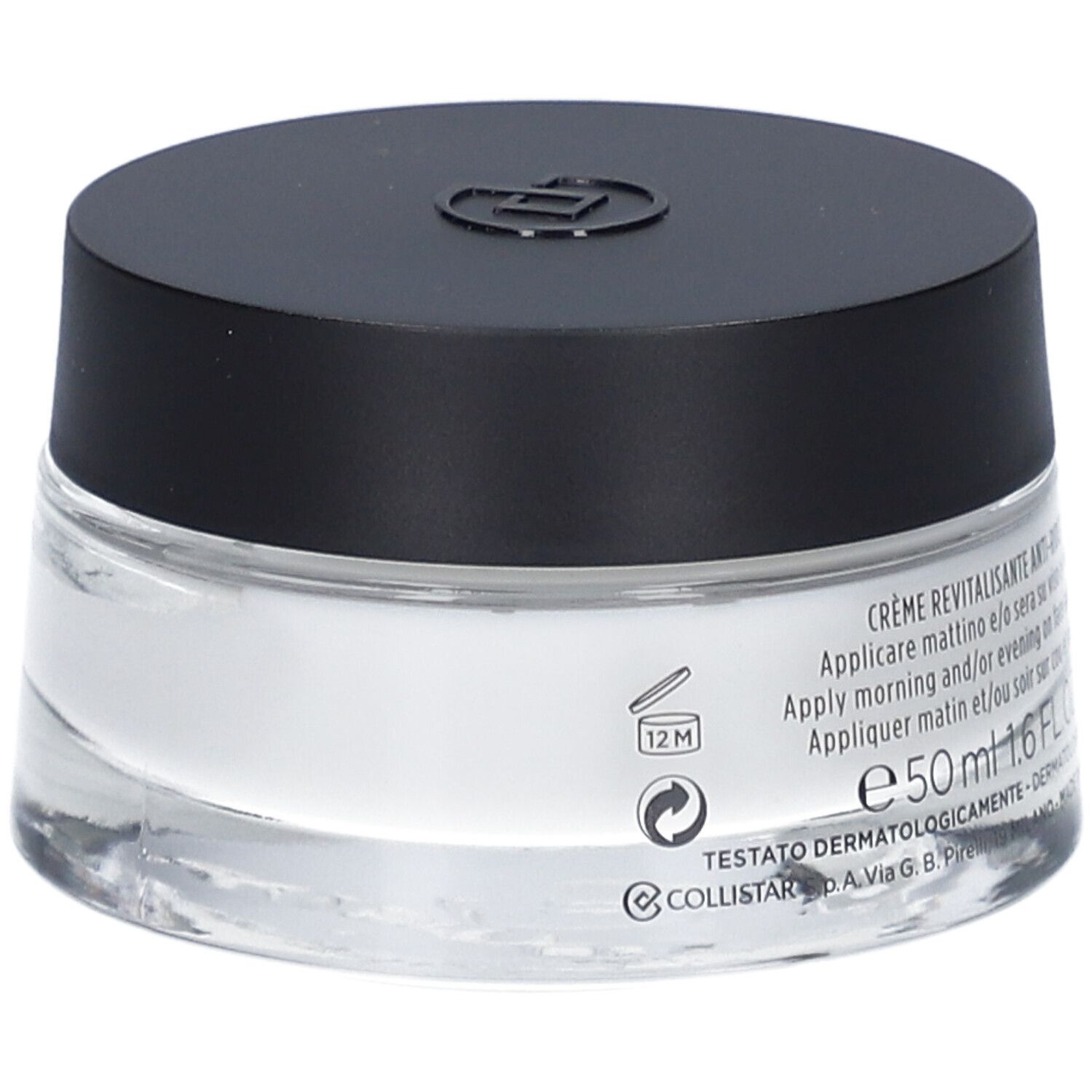 Creme-Tiegel mit schwarzem Deckel. Auf dem Etikett steht: Creme Revitalisante Anti-Rides, 50 ml, dermatologisch getestet.