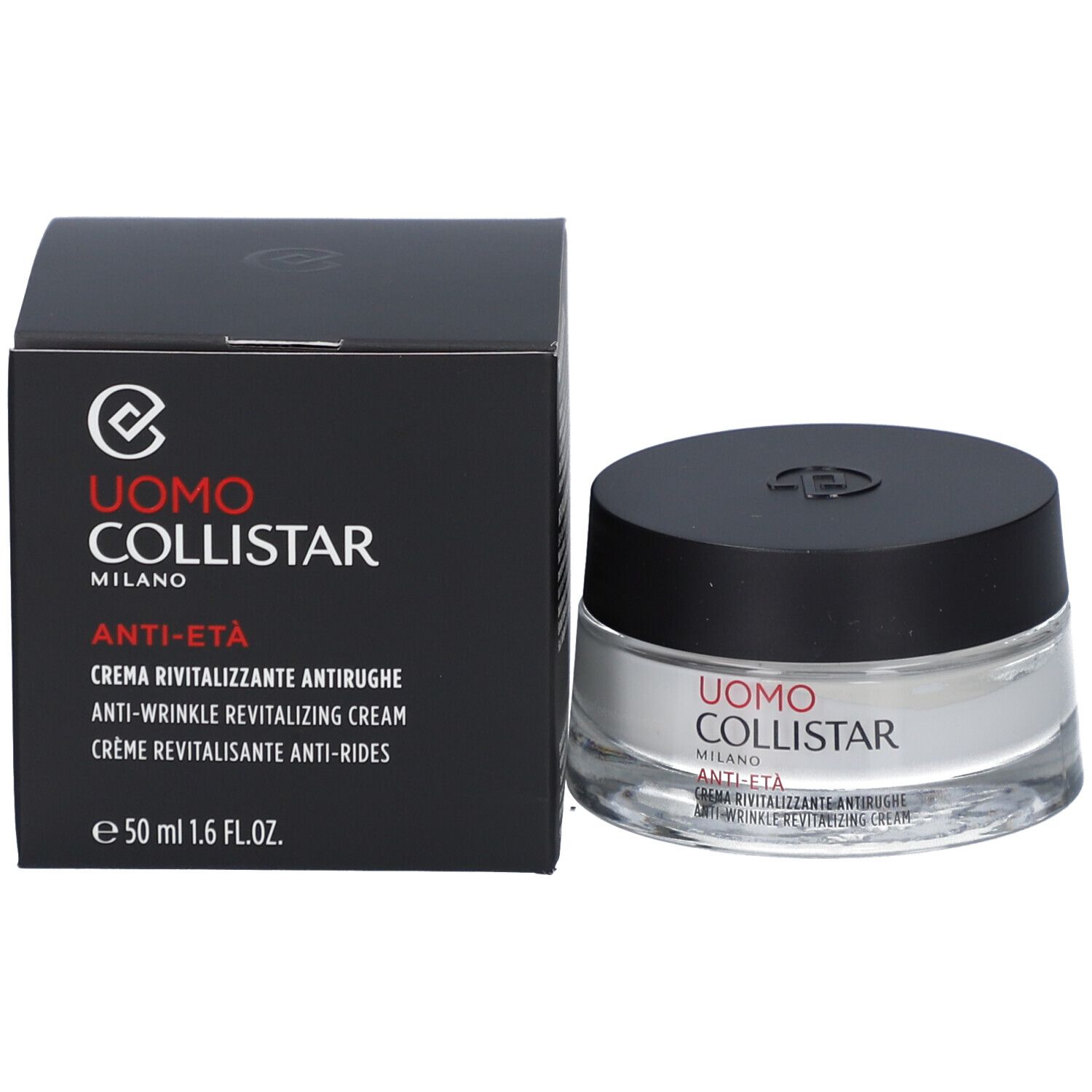 Creme-Tiegel und Schachtel. Auf der Schachtel steht: Uomo Collistar, Anti-Eta, Creme Revitalisante Anti-Rides, 50 ml.