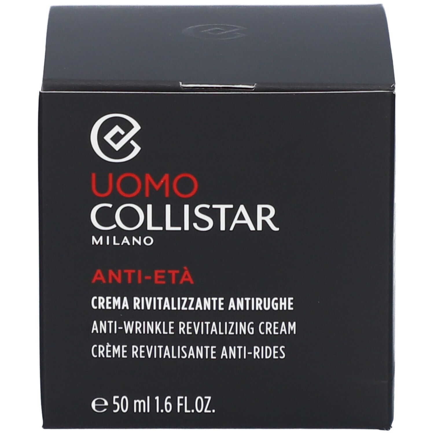 Schwarze Schachtel mit Text: Uomo Collistar, Anti-Eta, Creme Revitalisante Anti-Rides, 50 ml.