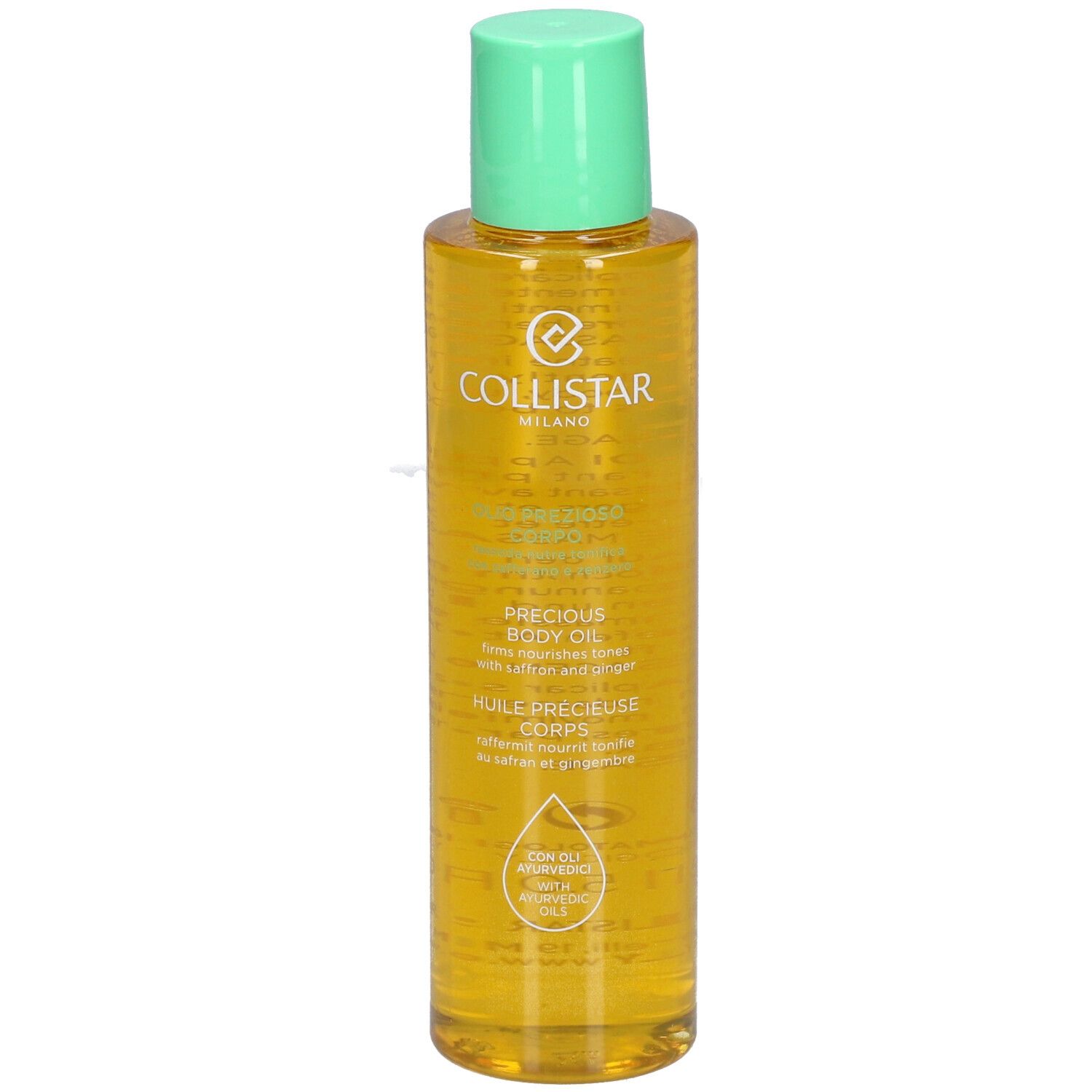 Gelbliche Körperölflasche mit grünem Deckel. Beschriftung: Collistar Milano, Precious Body Oil.
