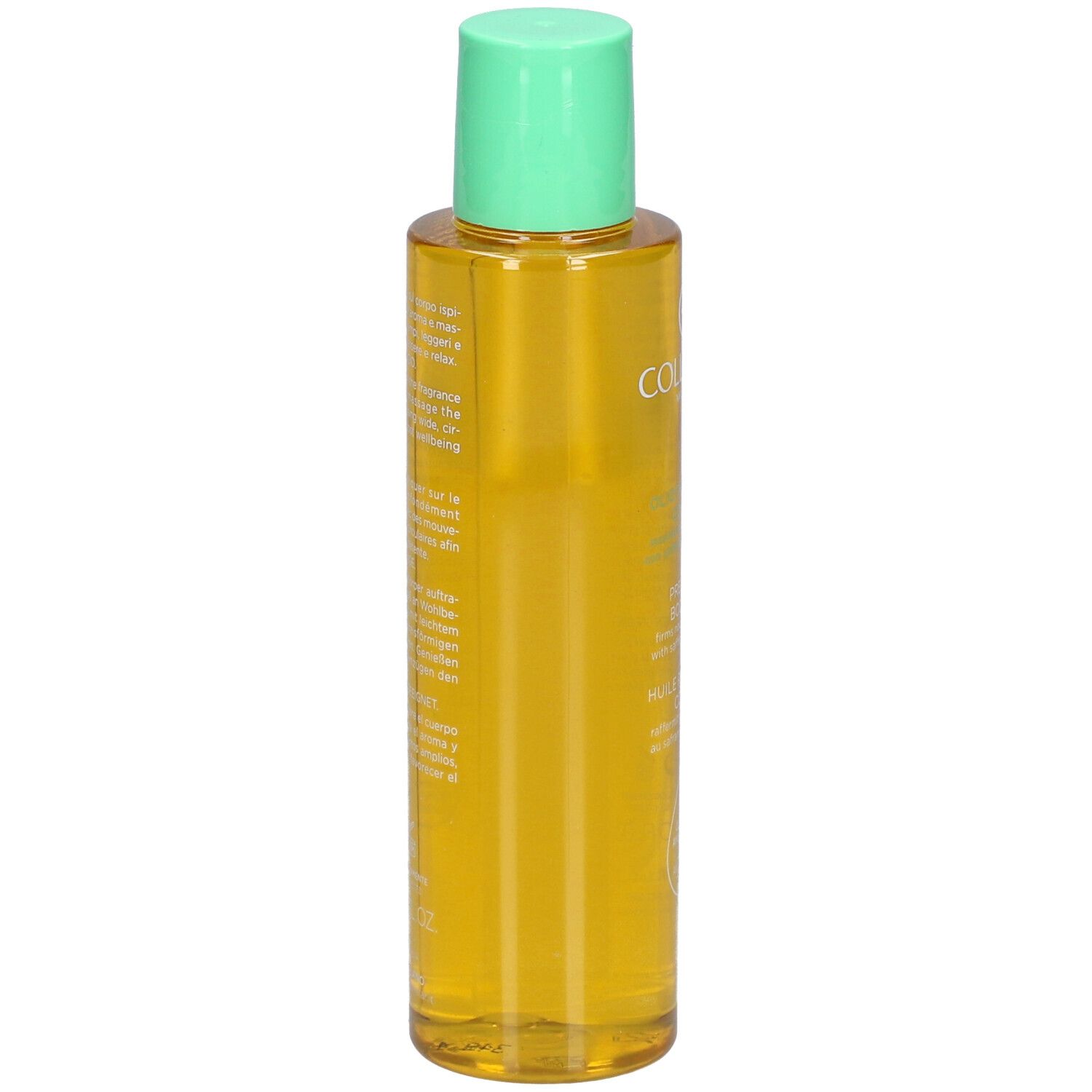 Körperölflasche, gelbliche Flüssigkeit, grüner Deckel. Beschriftung auf der Seite.
