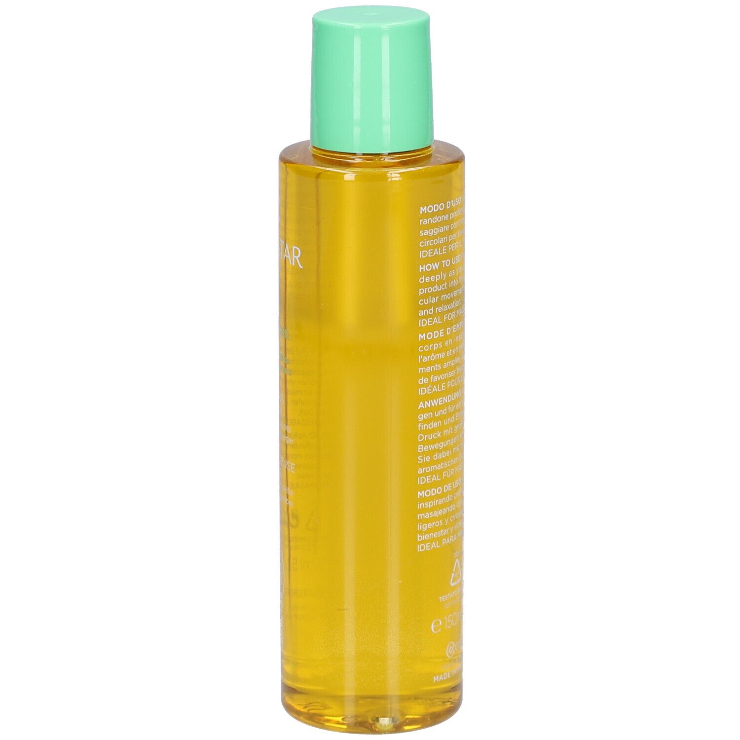 Körperölflasche, gelbliche Flüssigkeit, grüner Deckel. Text mit Produktinformationen.