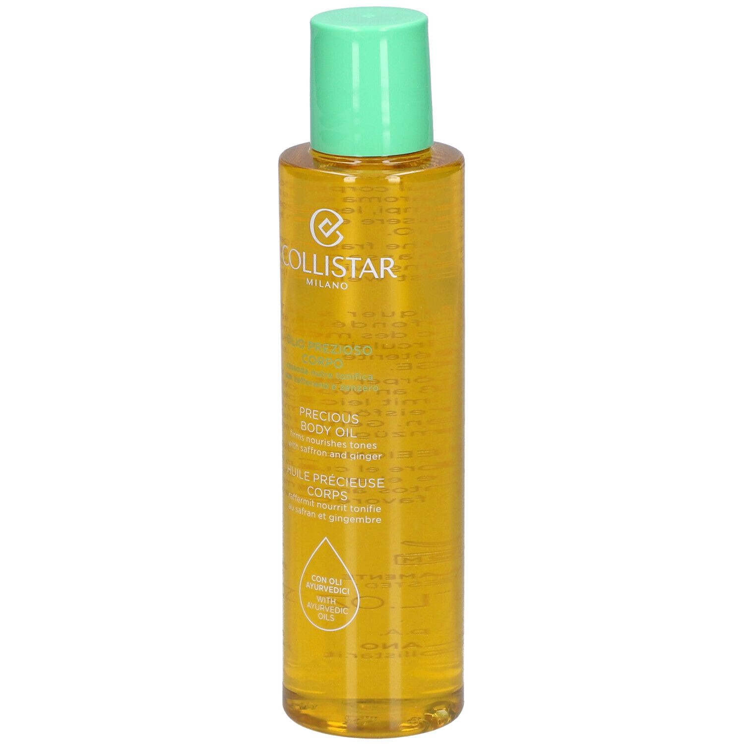 Gelbliche Körperölflasche mit grünem Deckel. Beschriftung: Collistar Milano, Precious Body Oil.