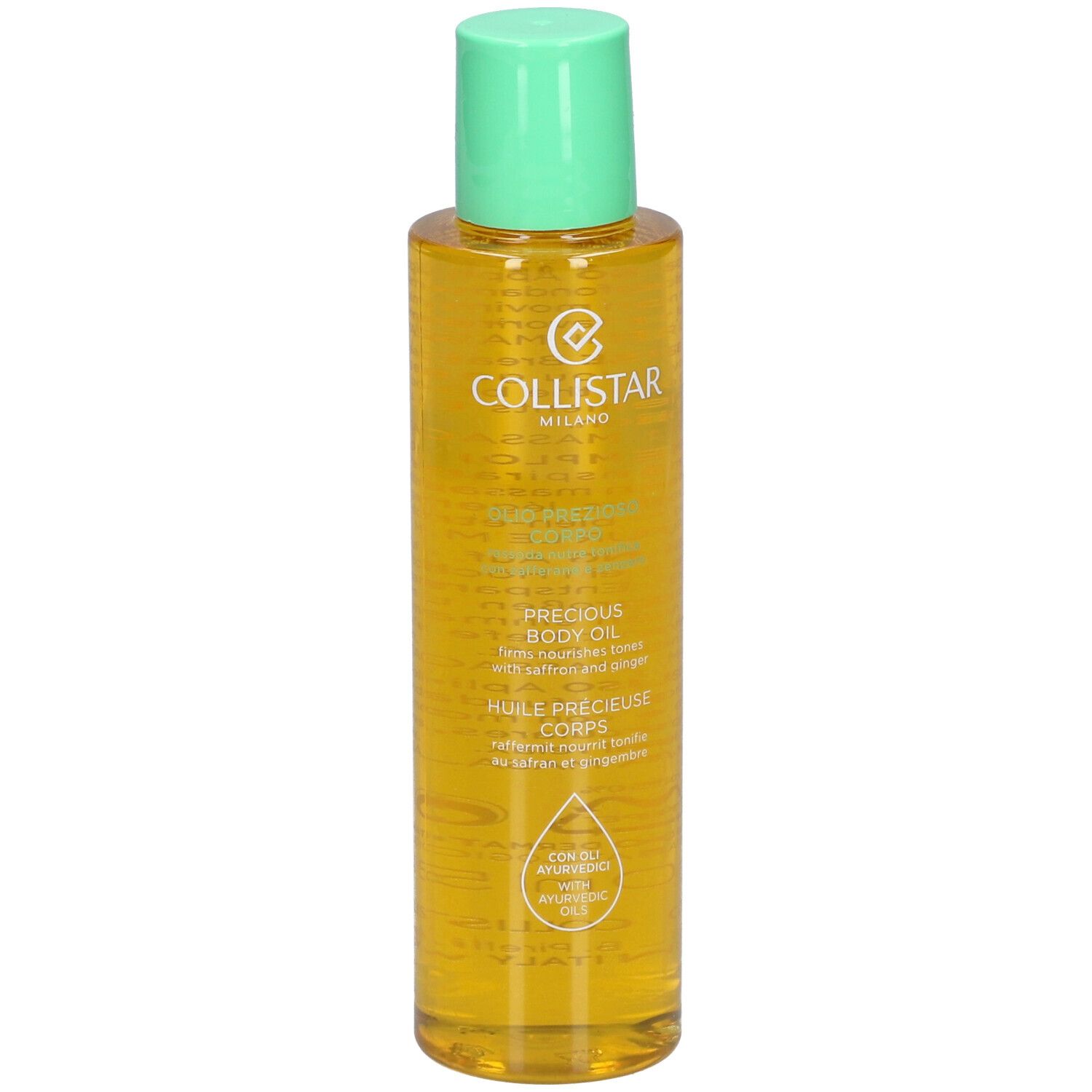 Gelbliche Körperölflasche mit grünem Deckel. Beschriftung: Collistar Milano, Precious Body Oil.